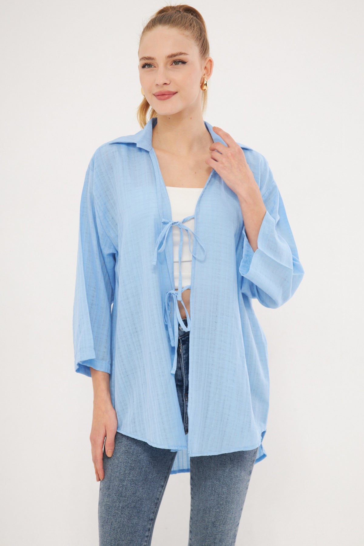 Women's Baby Blue Shirt Collared Front Lace Kimono Shirt ARM-25K001006