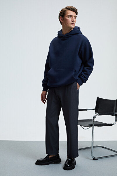 AMOS Men's Soft Fabric 3 Thread Oversize Hooded Kangaroo Pocket Navy Blue Sweatshirt