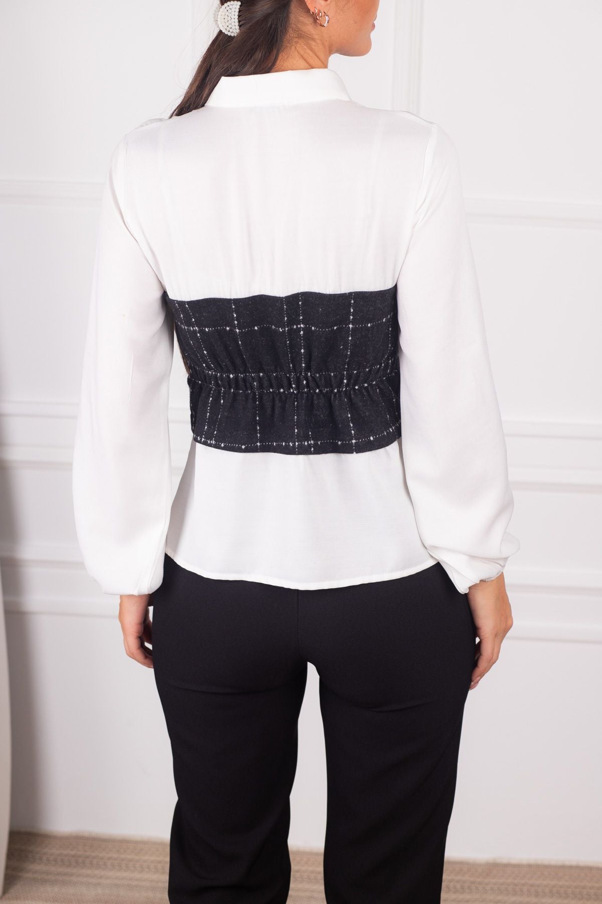 Women's White Corset Detailed Gathered Waist Long Sleeve Shirt ARM-24K001012