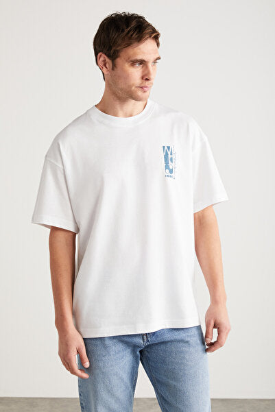 Antonıo Men's 100% Organic Cotton Knitted Oversize White T-shirt with Print Detail