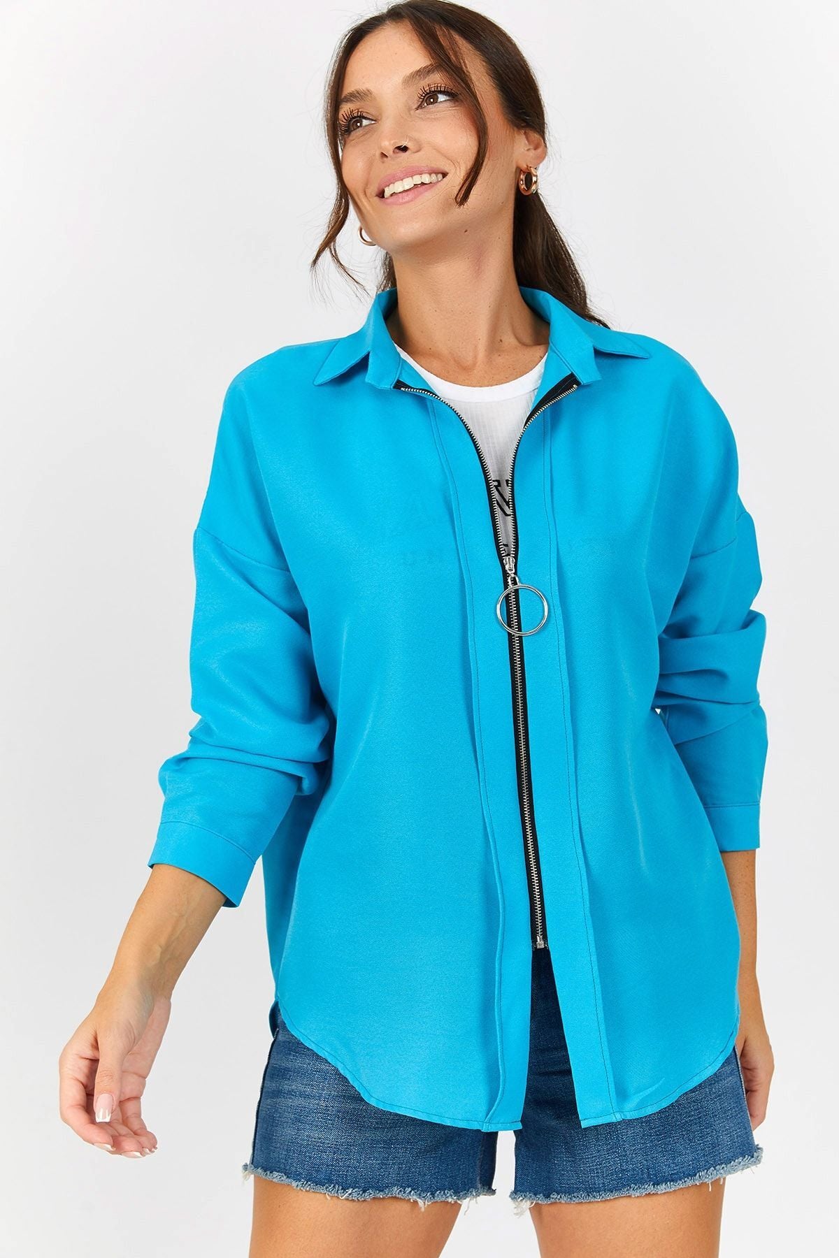 Women's Turquoise Front Zippered Casual Shirt ARM-21K024090