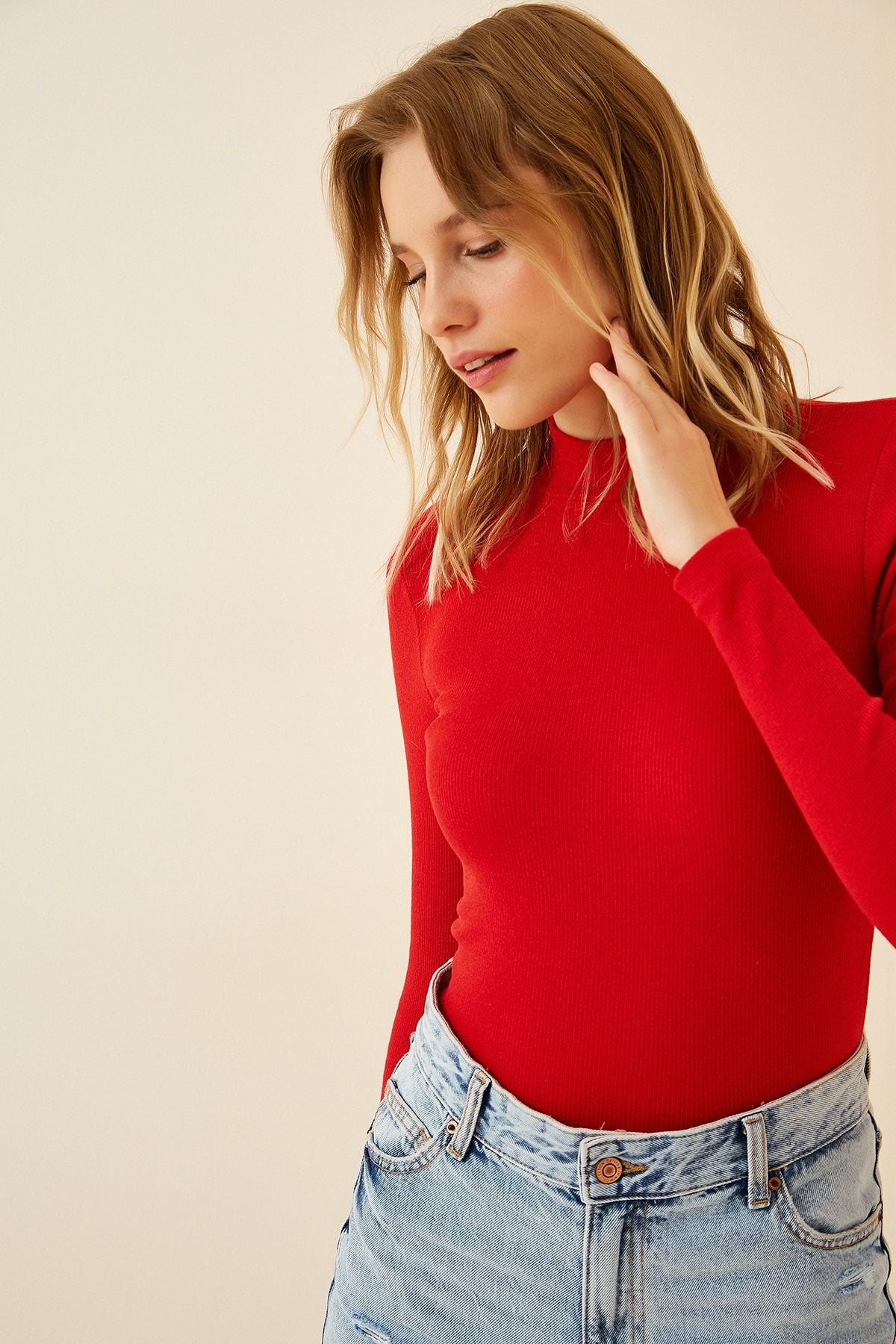 Woman Red Fisherman Neck Vum Knitting Blouse GT00054
