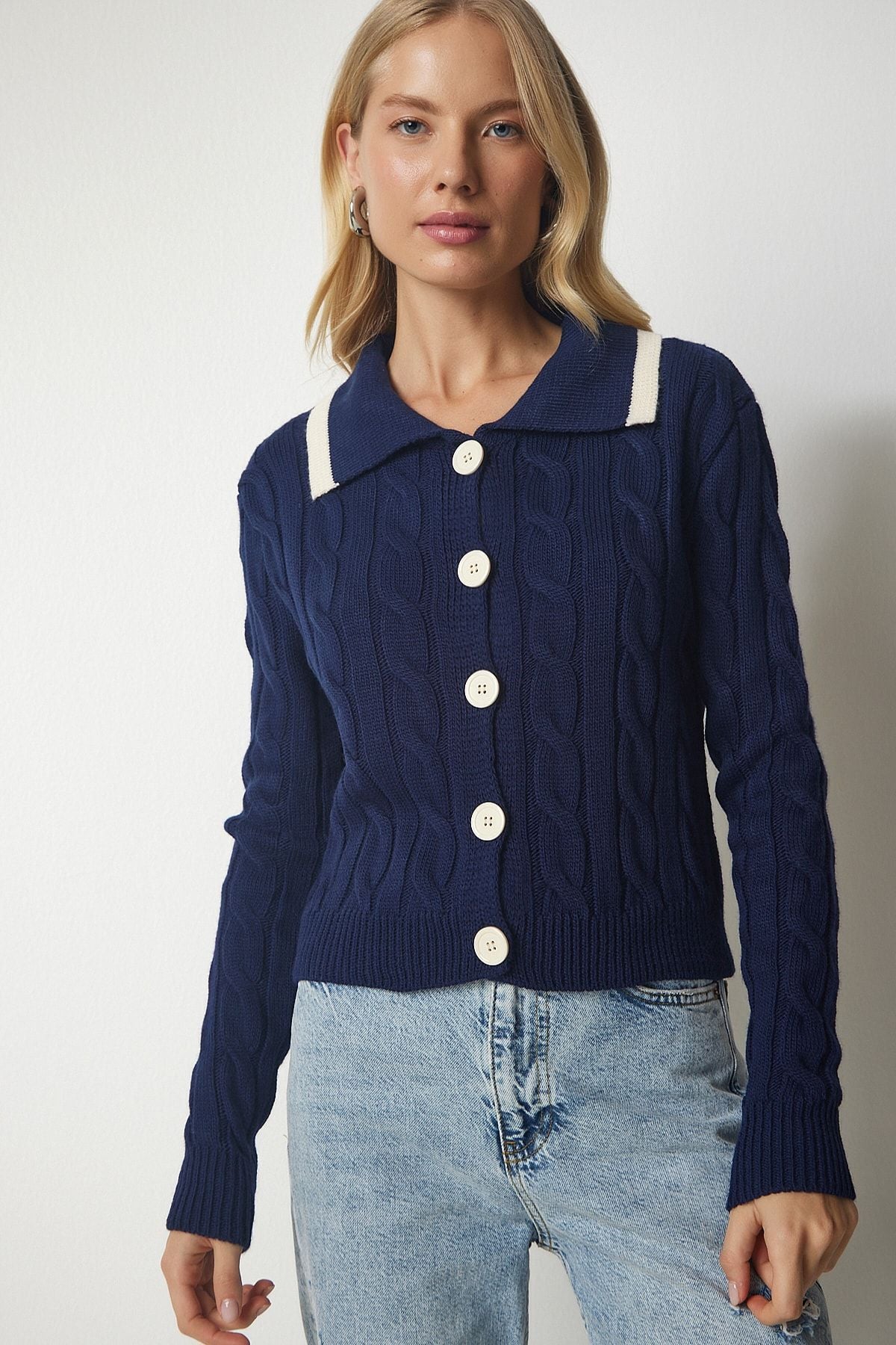 Women's Navy Blue Knitting Motif button knitwear cardigan MX00143