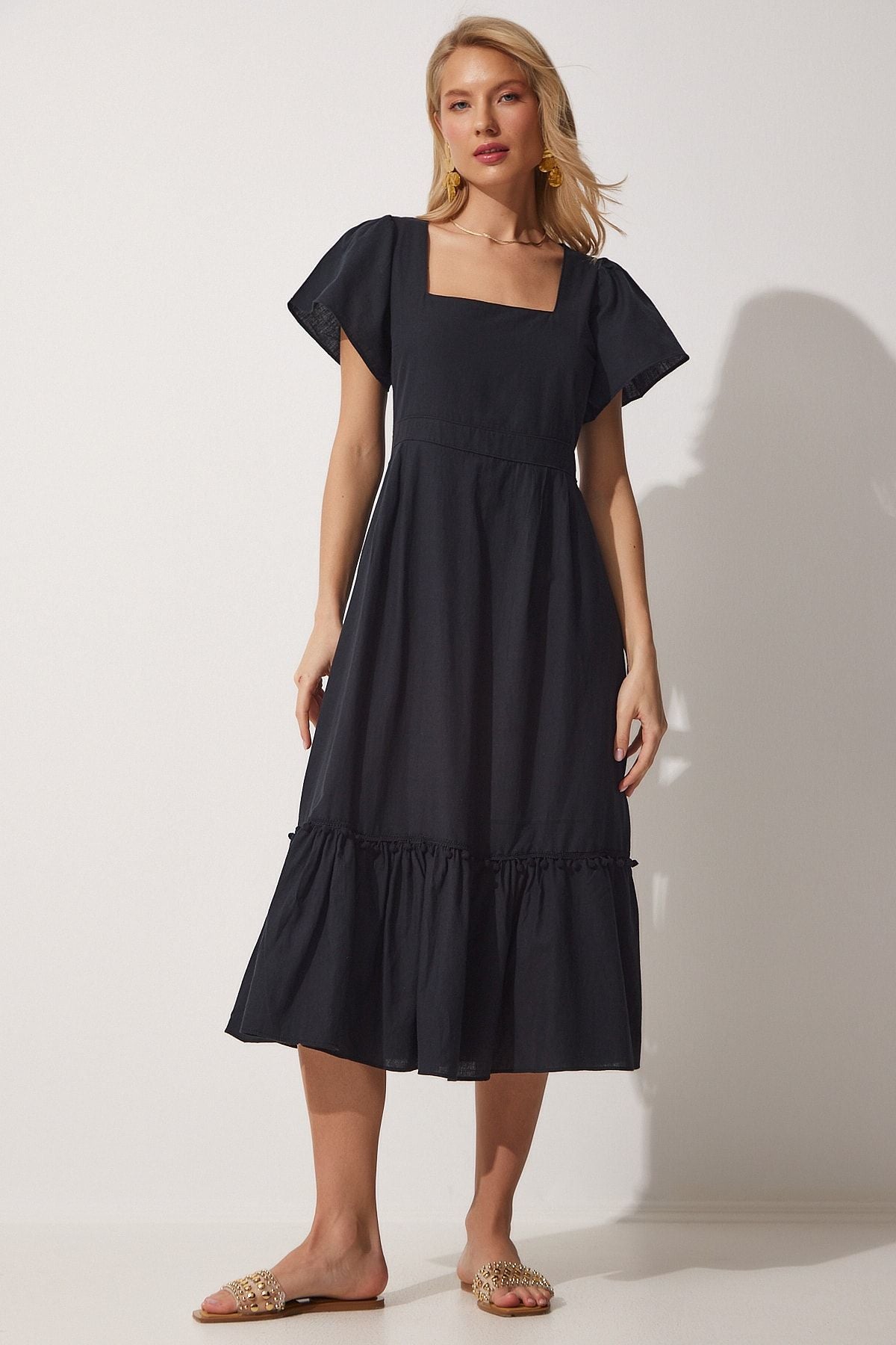 Female black square collar linen dress JH00046