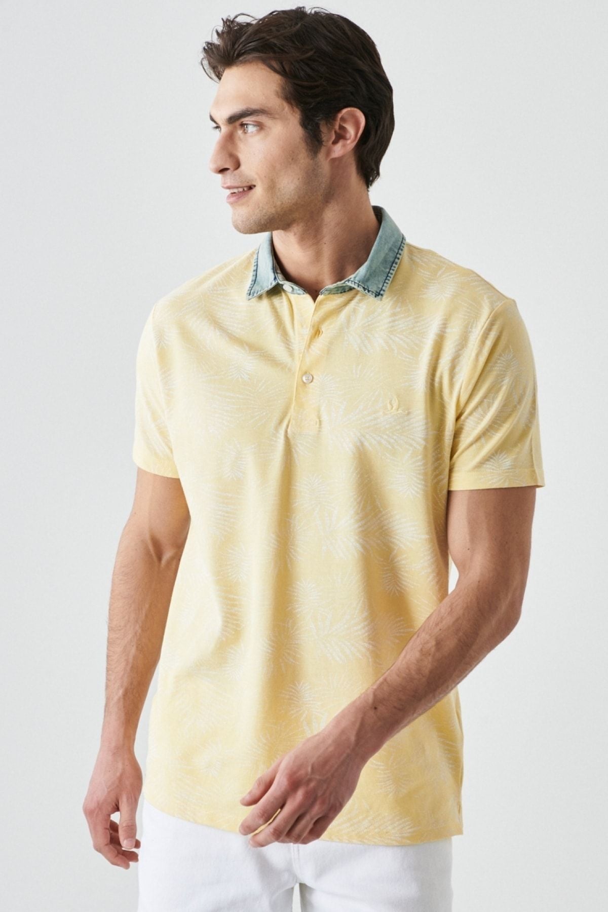 Men's yellow-white slim fit narrow cut polo collar 100 %cotton T-shirt