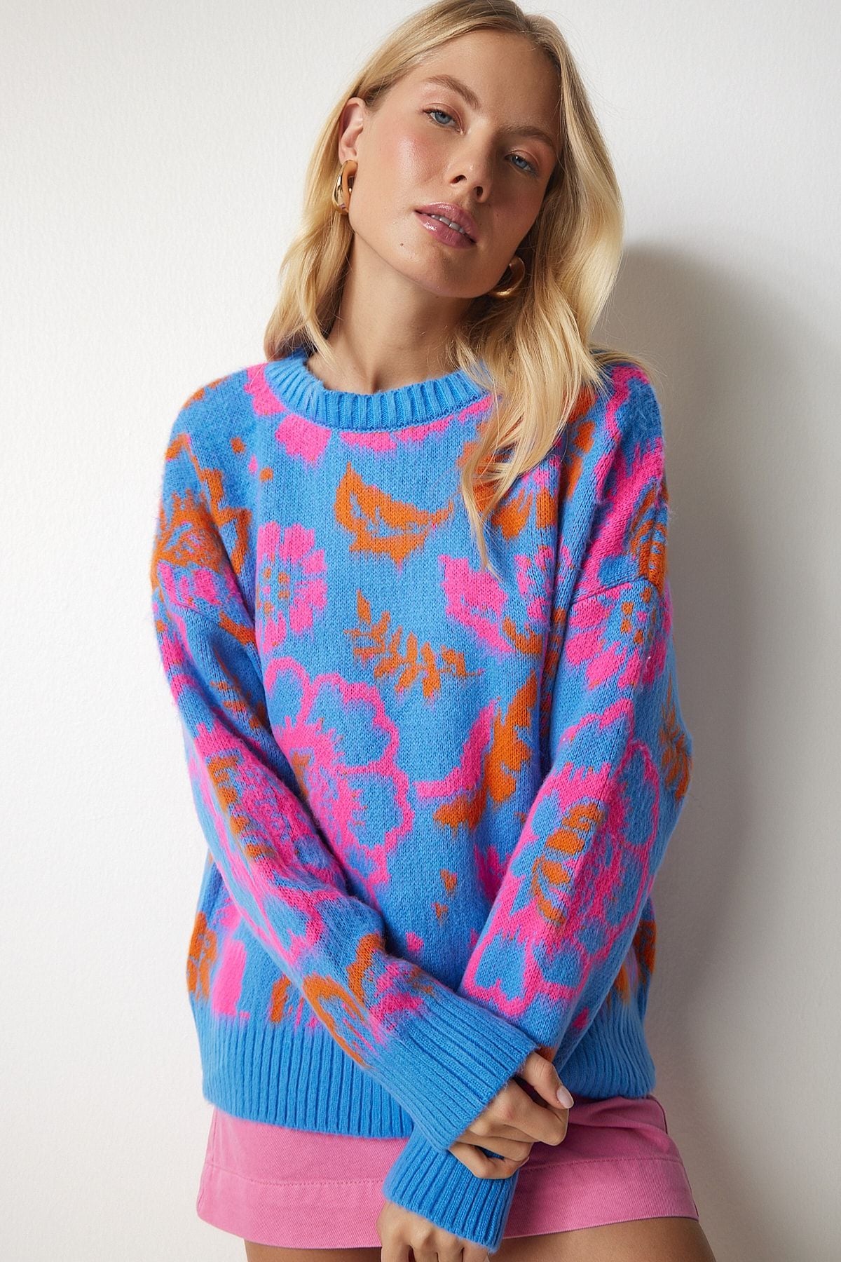 Woman Sky Blue Patterned Knitwear Sweater PF00002