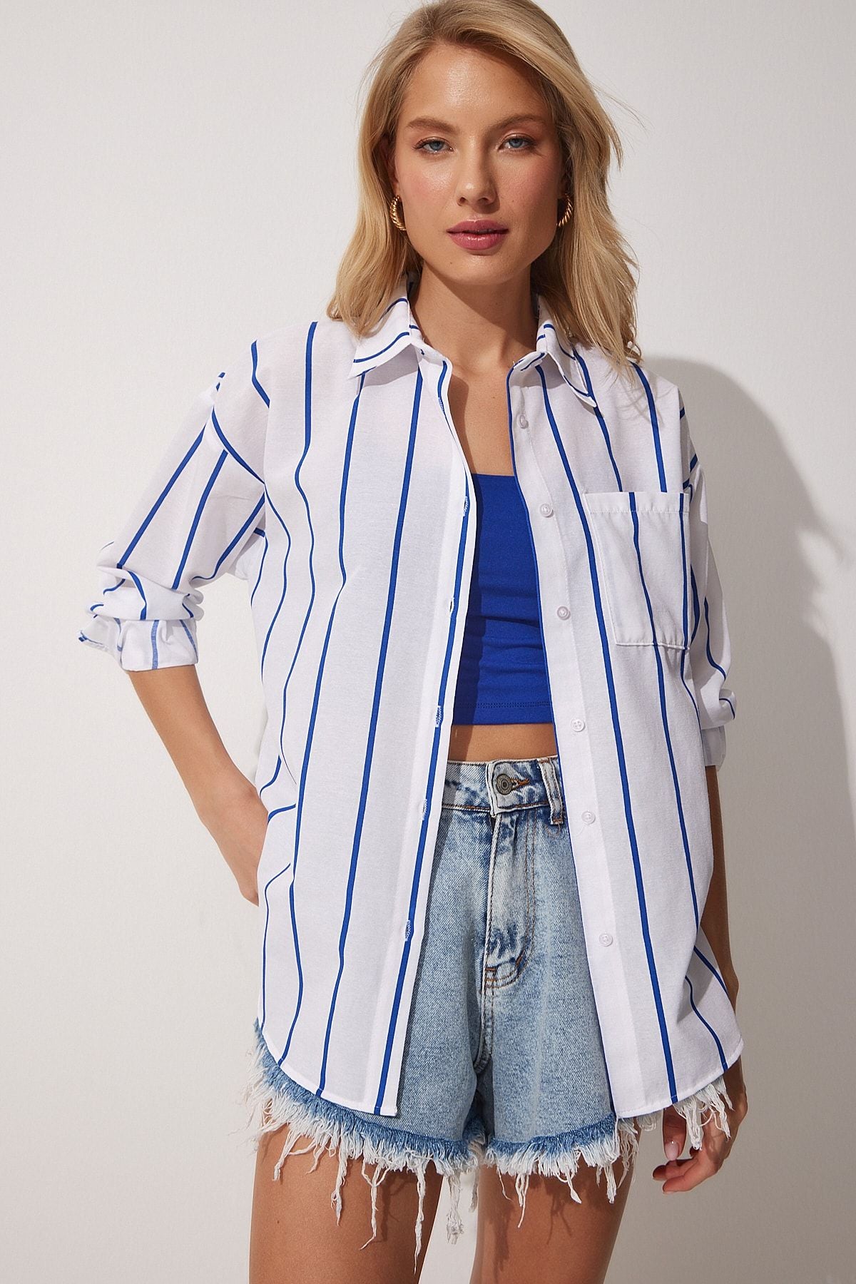 Woman Blue White Striped Oversize Long Cotton Shirt DX00005