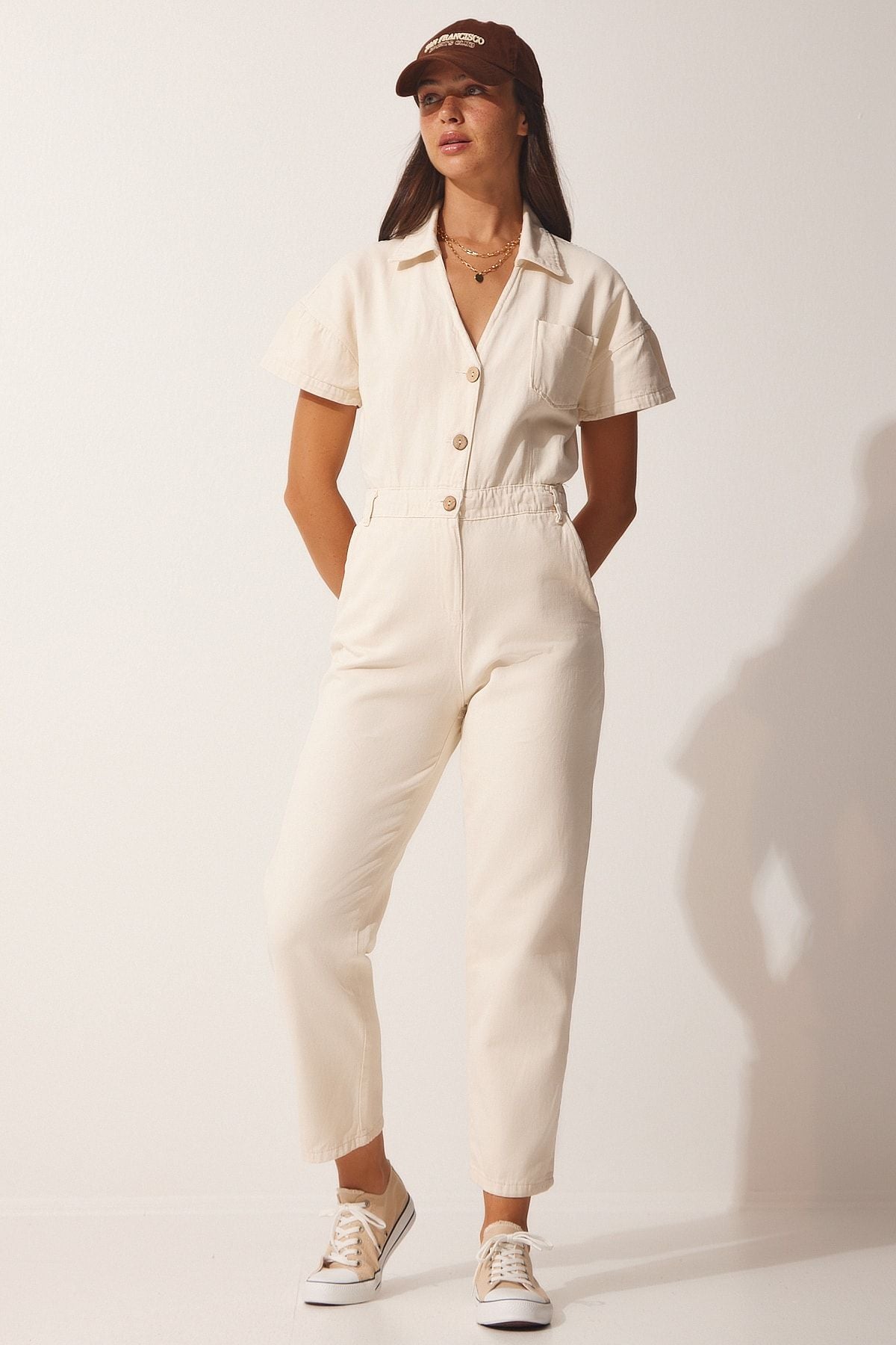 Women's cream polo collar denim tulum wf00044
