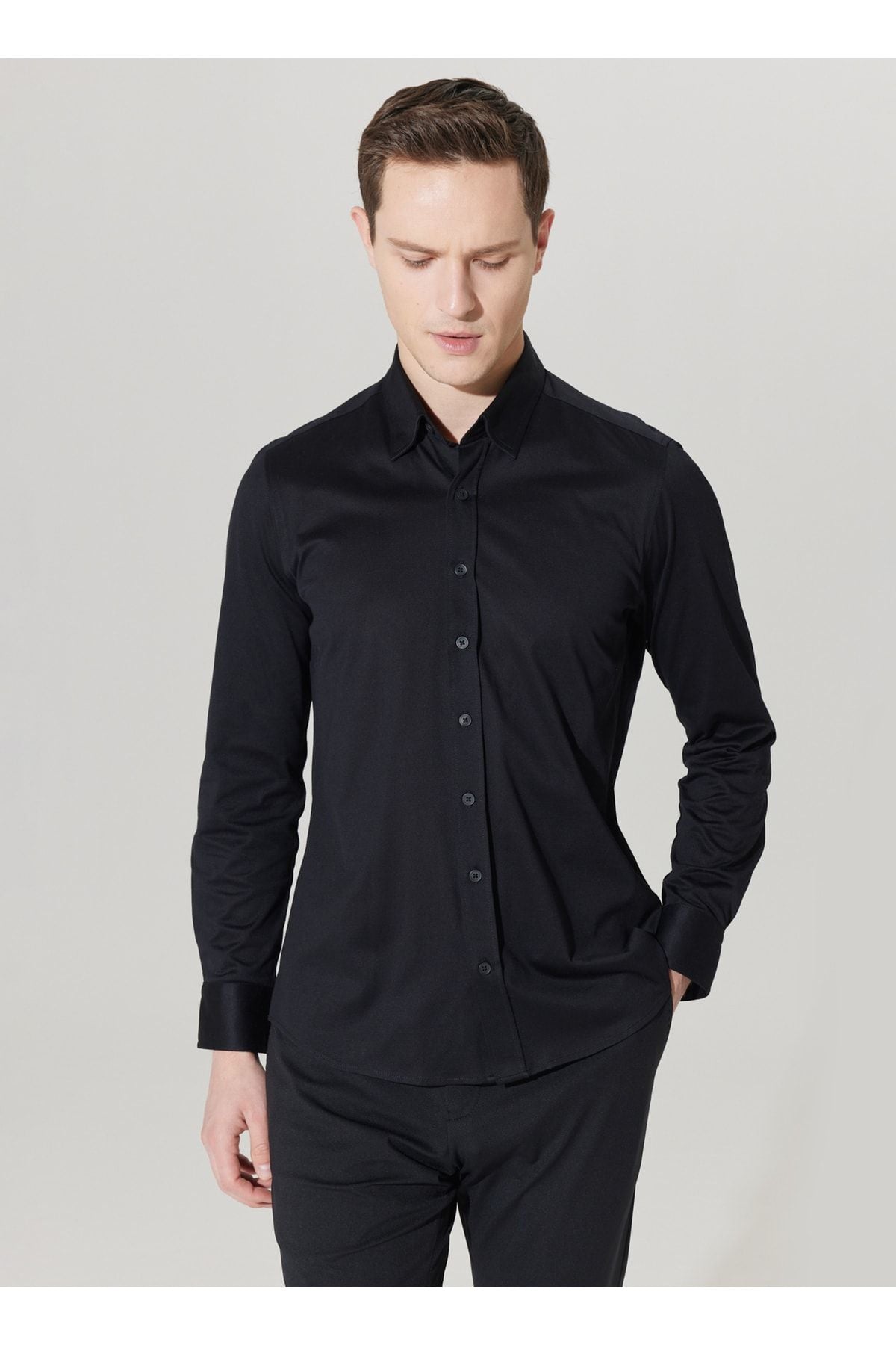 Men's Black Slim Fit Narrow Cut Hidden button collar 100 %cotton shirt