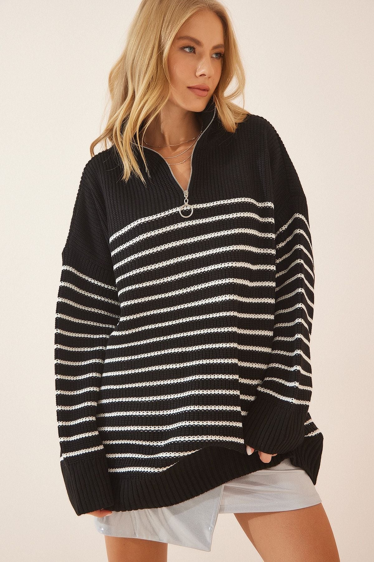 Female black zipper steep collar striped oversiz Kazakh yy00077