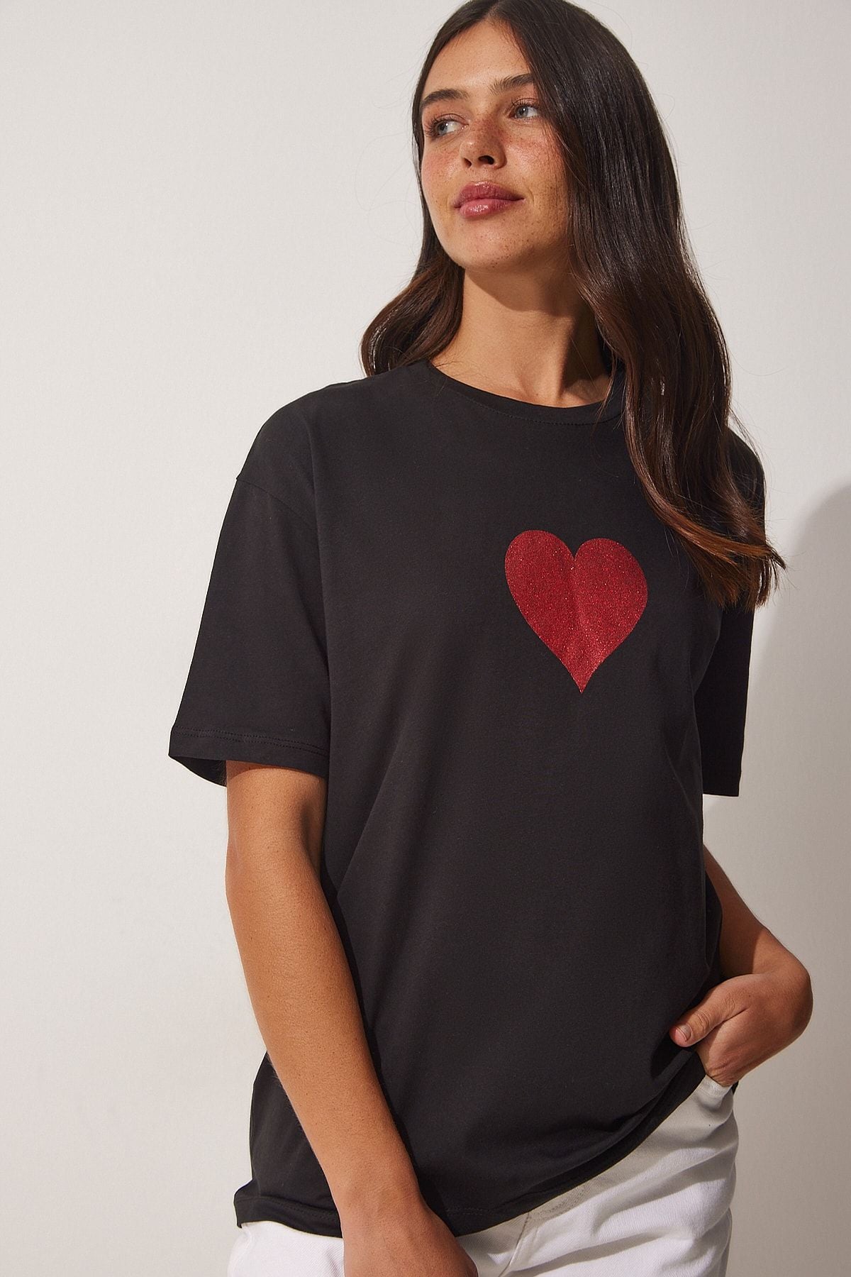 Woman Black Luminous Heart Printed Oversize knitting T-shirt Dr00077