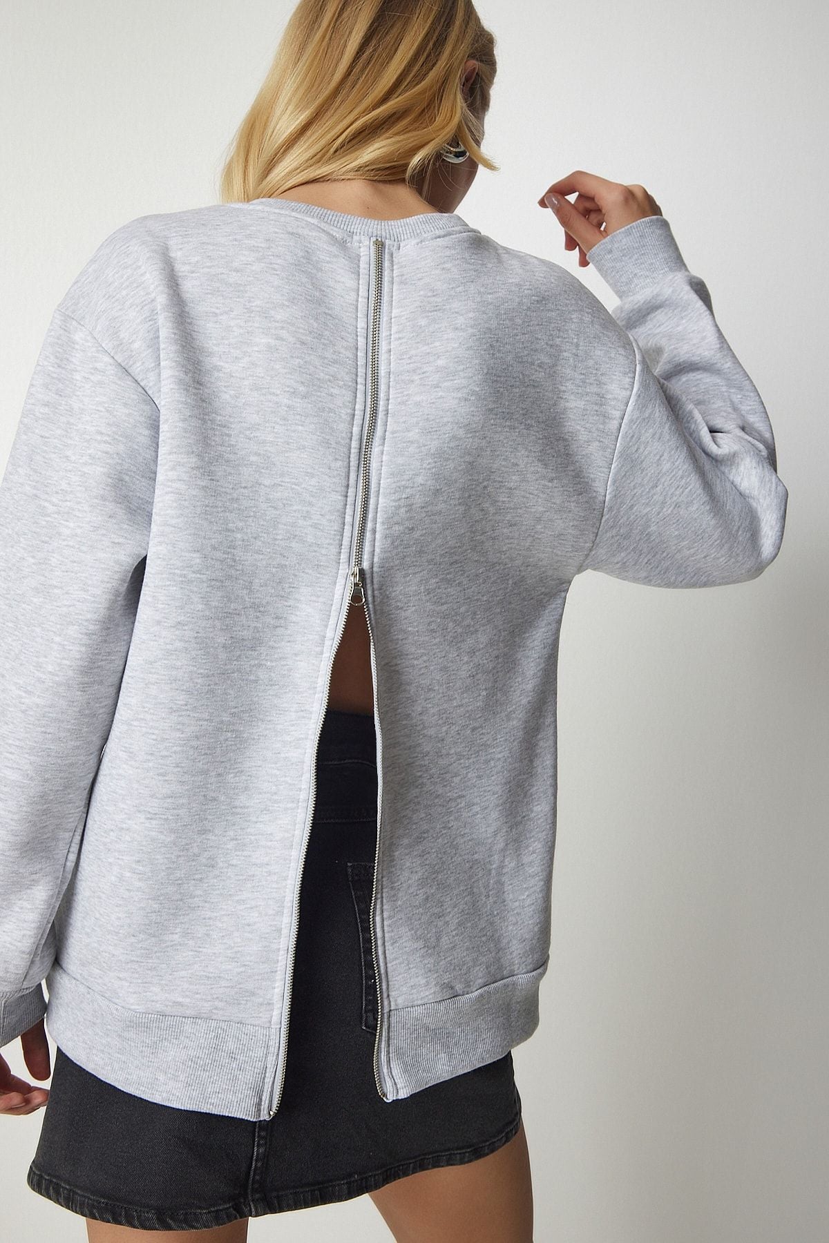 Women's gray behind zippery -rich knitting sweatshirt ub00146