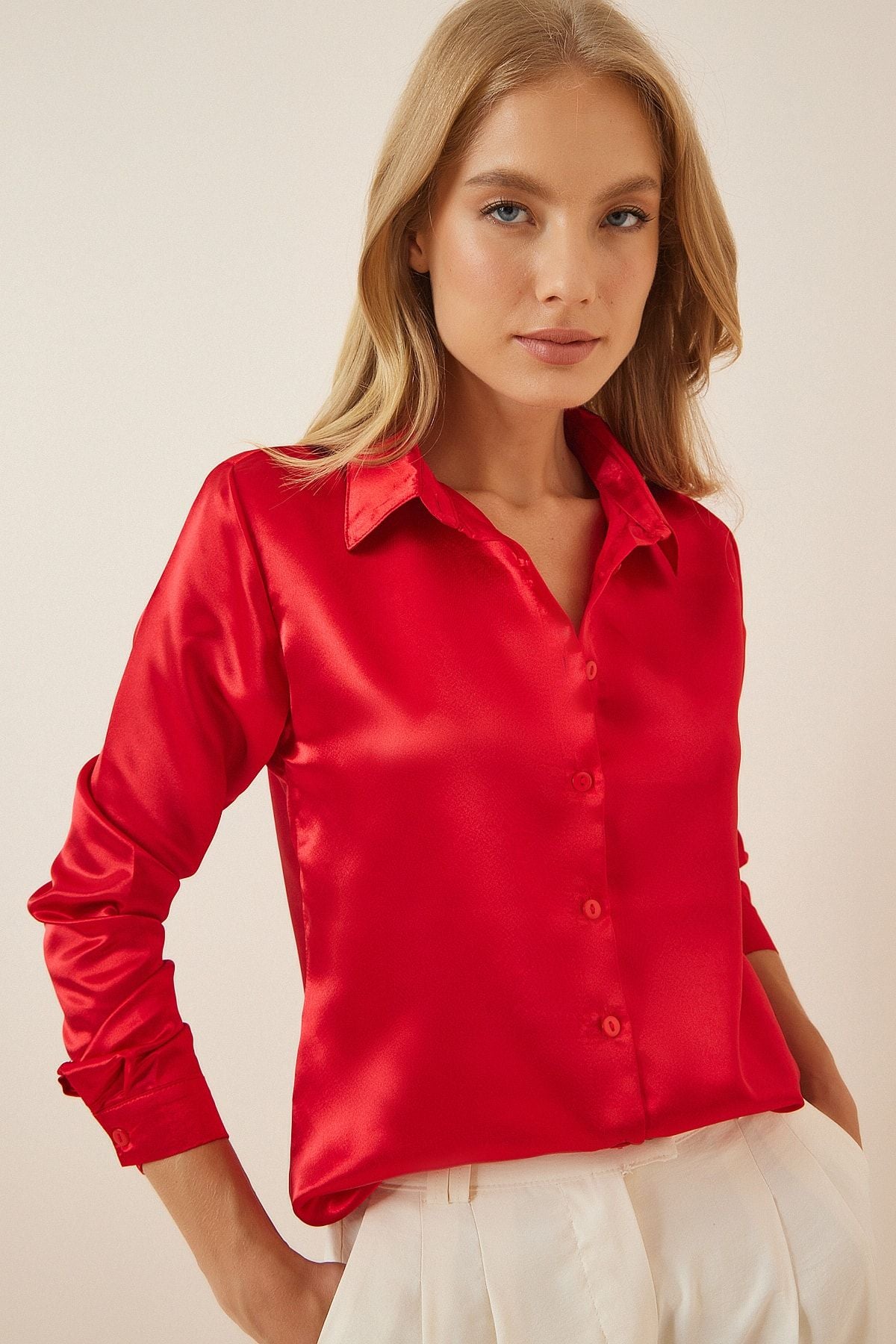 WOMEN RED LIGHT LIGHTED SATIN SOLUTION SHIRT DD00990