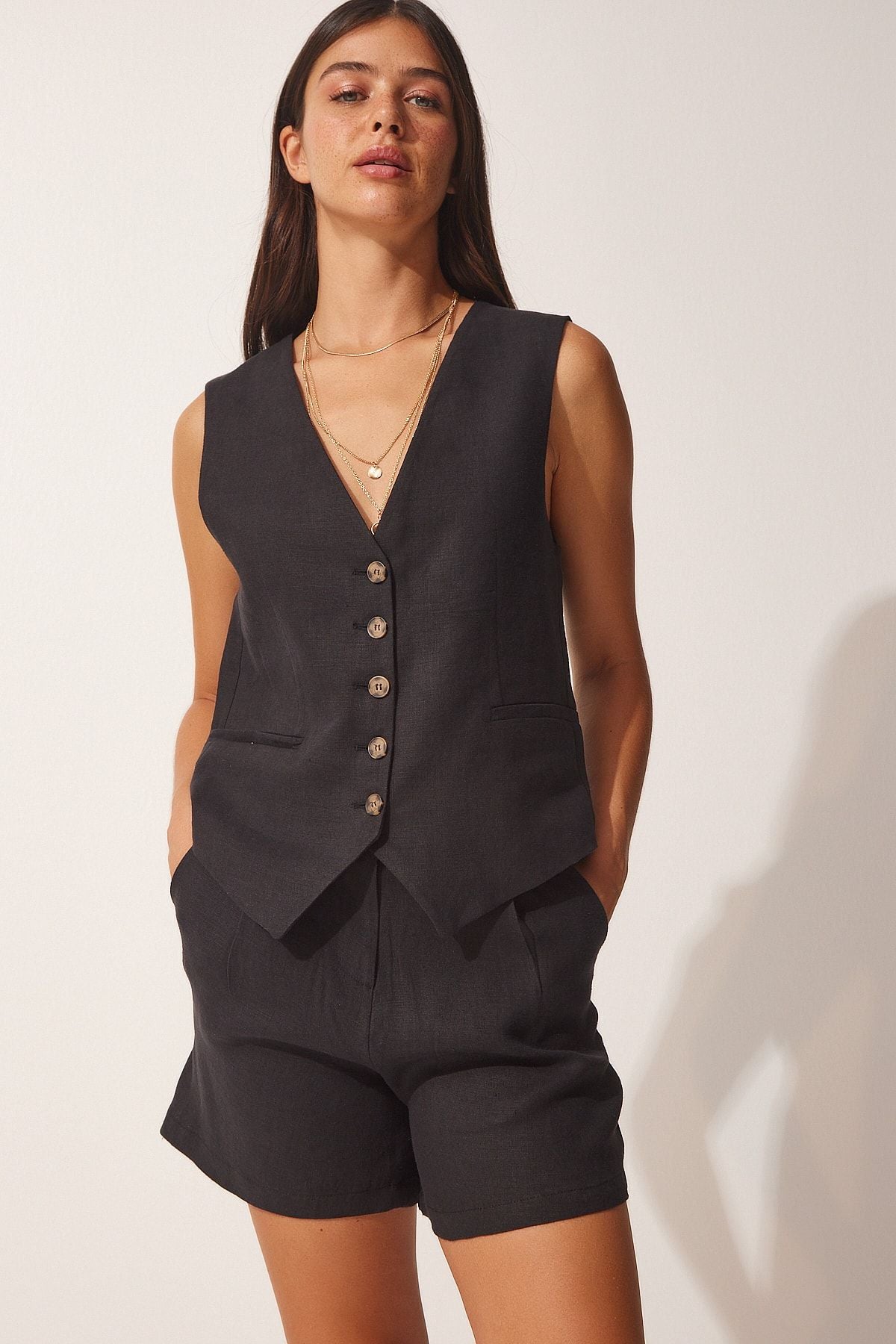 Woman Black Linen Surface Vest Shorts Set WF00043