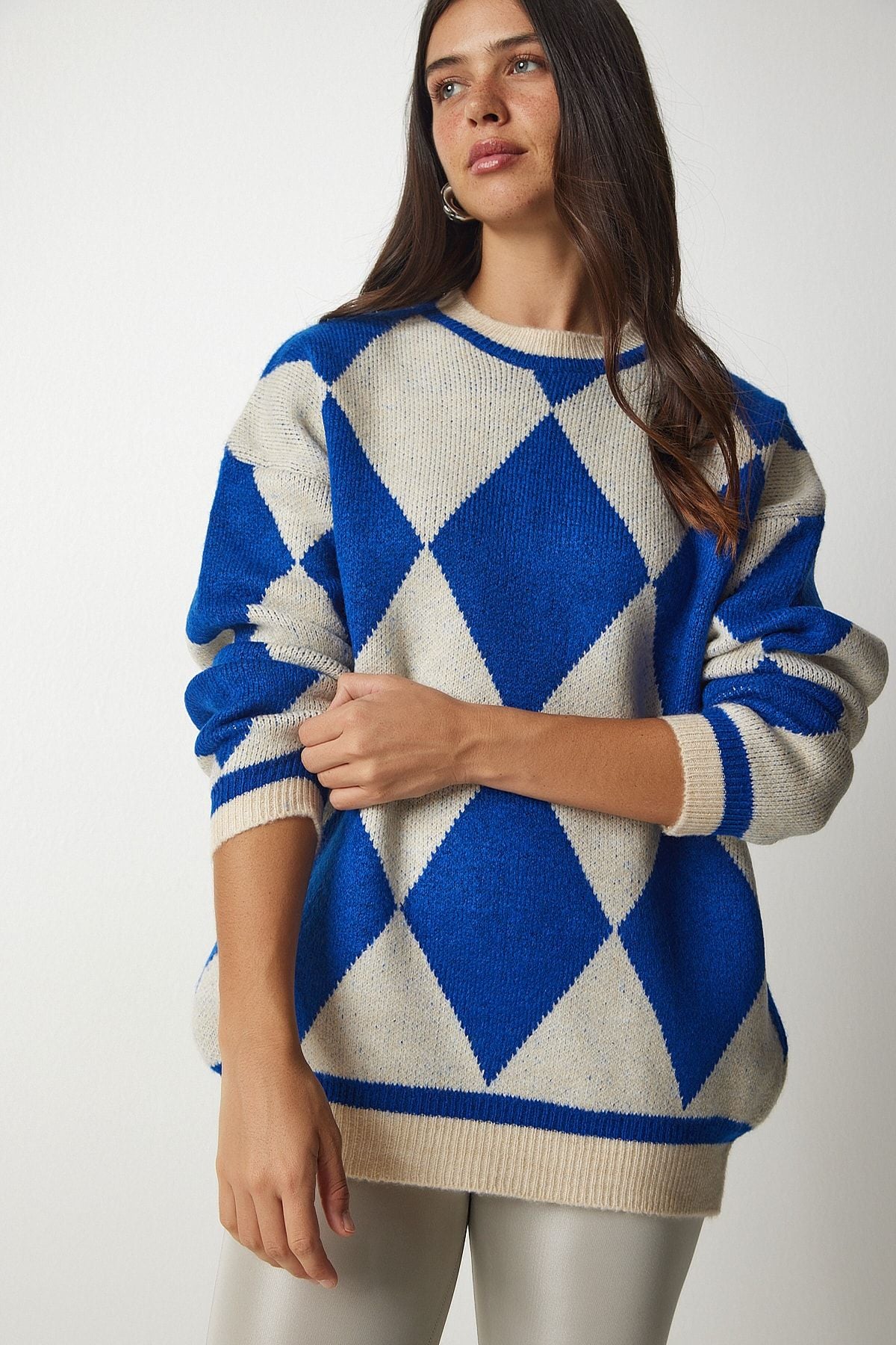 Woman Blue Baklava Patterned Oversize Knitwear Kazakh YY00161