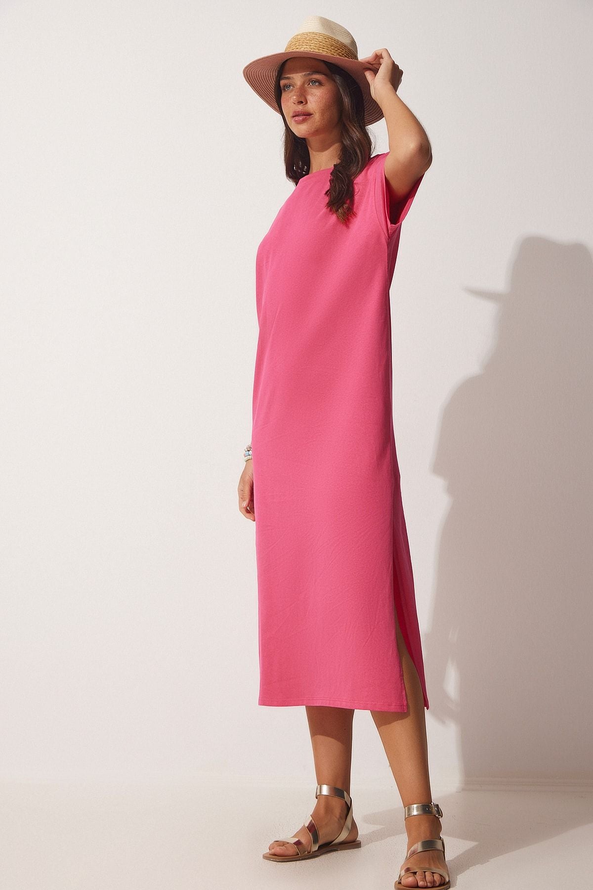 Woman Pink Cotton Summer Daily Combed Dress Ub00080