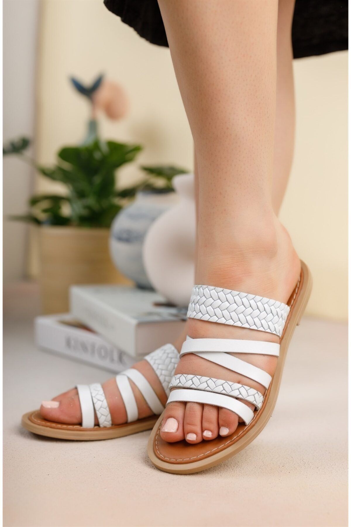 Woman White Genuine Leather Slippers