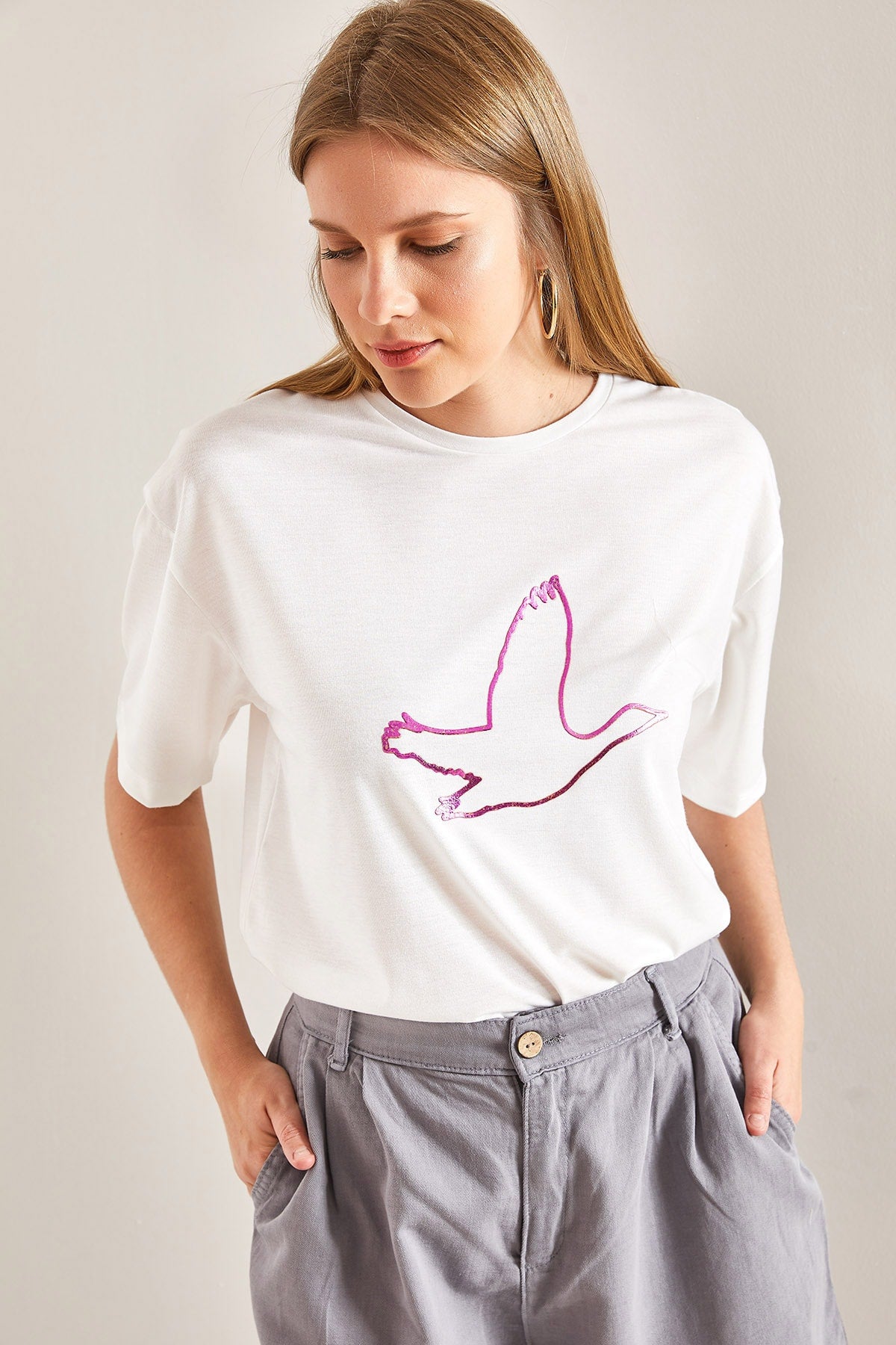 Women's Bird Embroidered Basic Tshirt 40881021