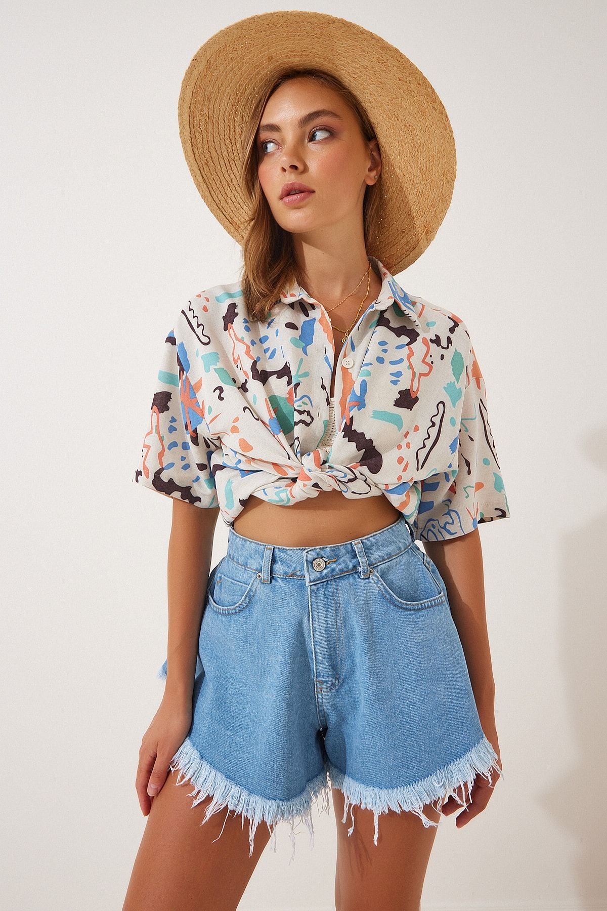 Women's Blue Tassel High Waist Jean Shorts OK00035