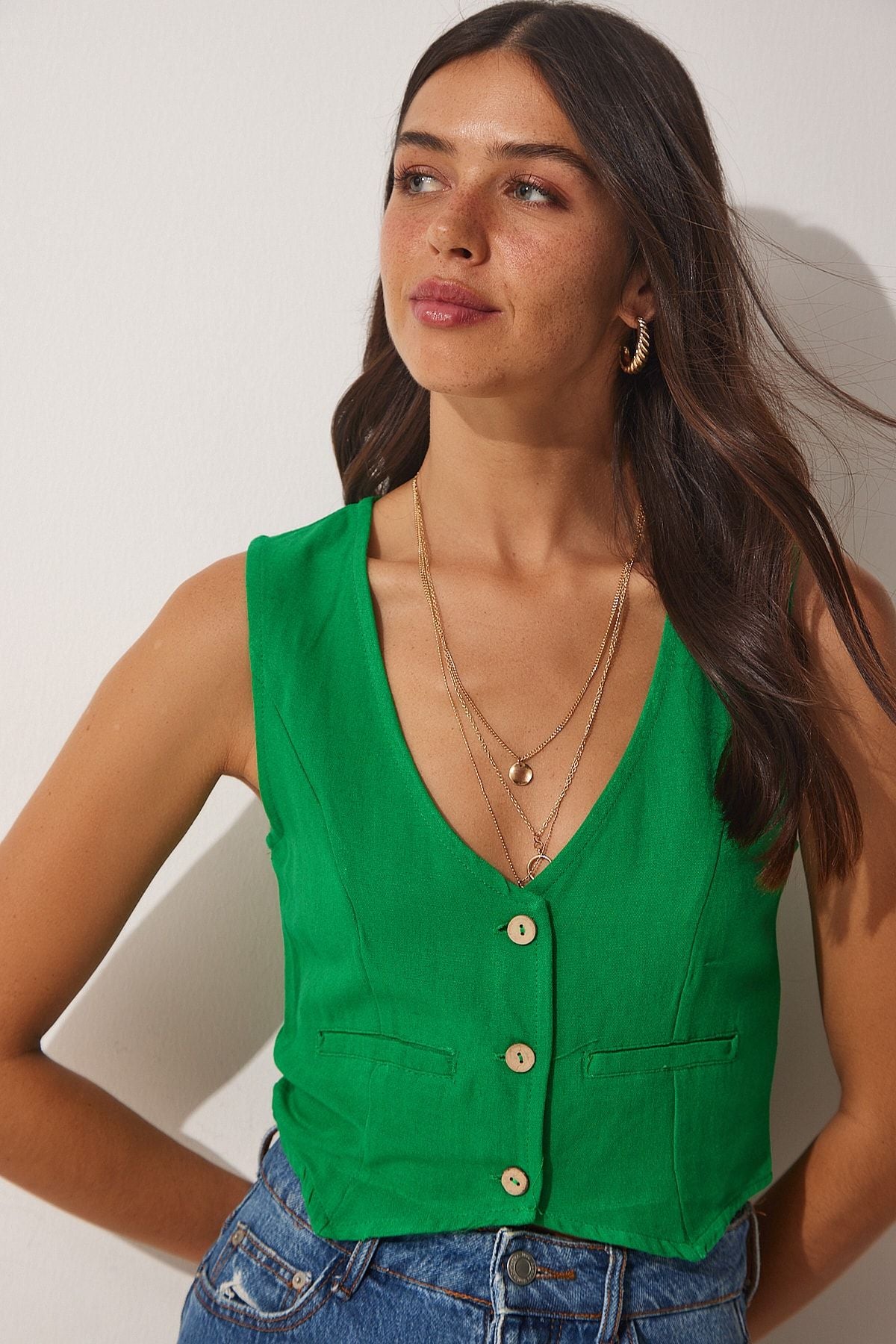 Female Green V -Yaka Linen Vest HF00436