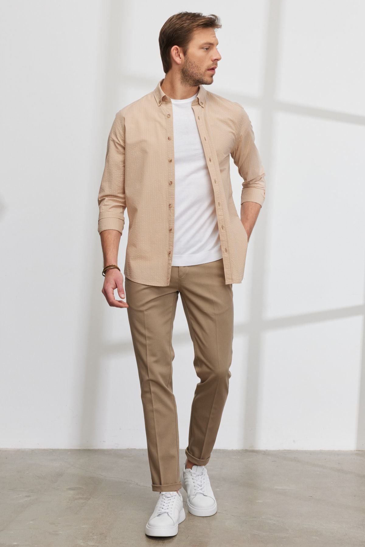 Men's Beige Slim Fit Narrow Cutting Buttoned Cotton Shirt