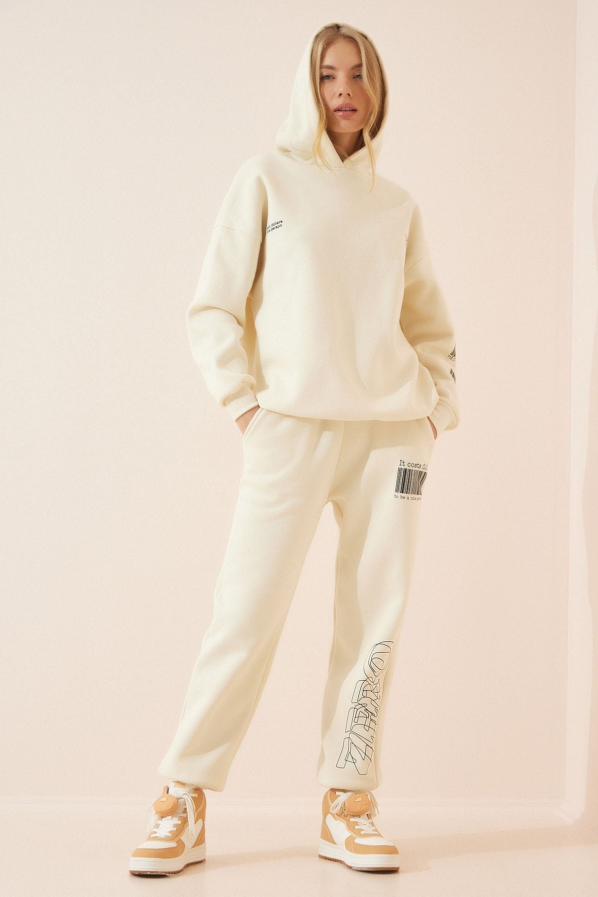 Woman Light Cream Printed Hopeding Oversiz Knitting Tracksuit Set CR00391