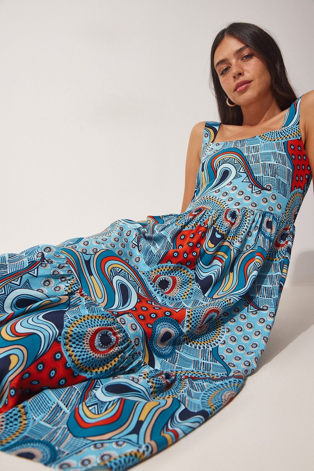 Women's Blue Flower Square Yol Summer Viscose Dress DD01189