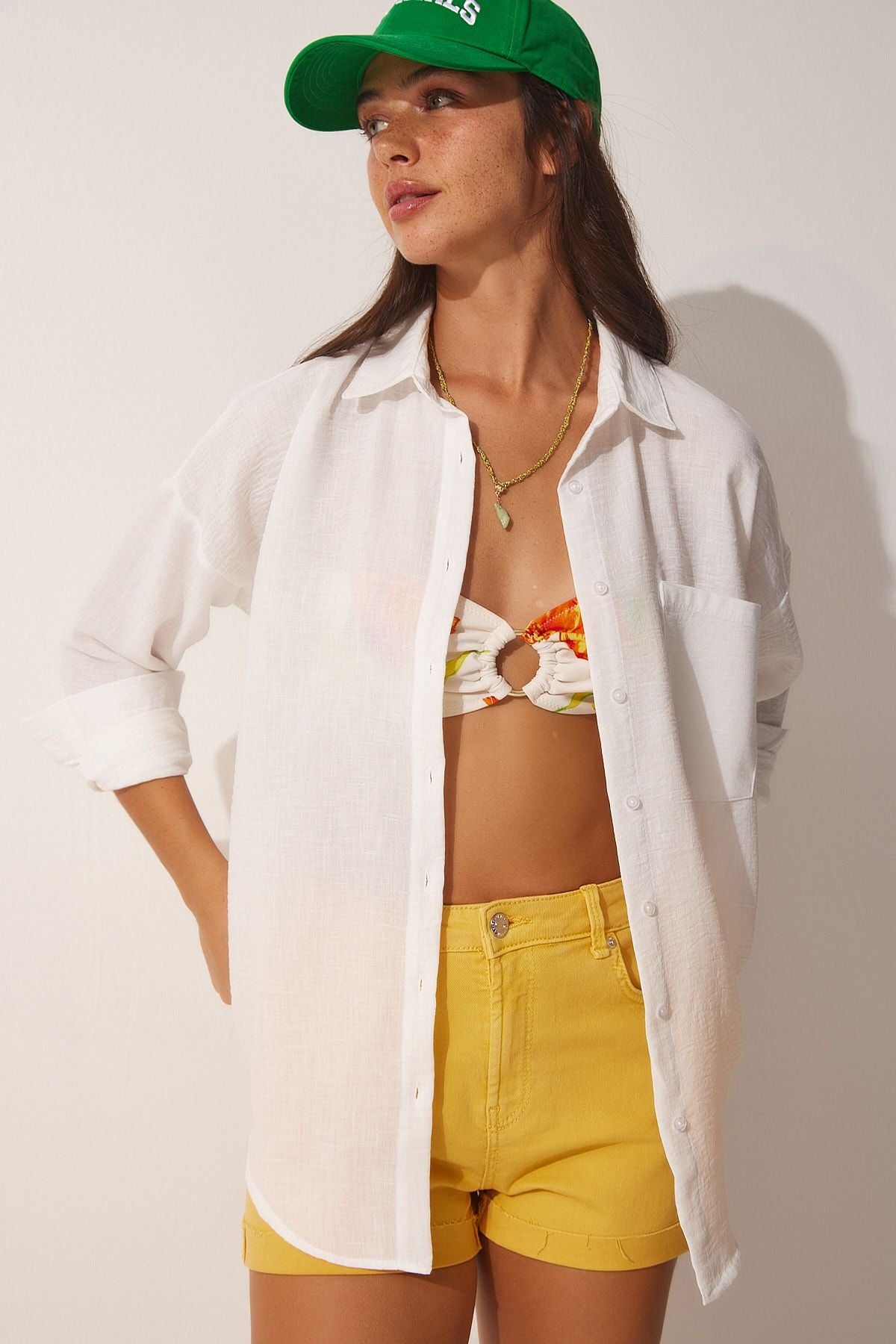 Woman White Linen Mixed Oversize Shirt DD01248