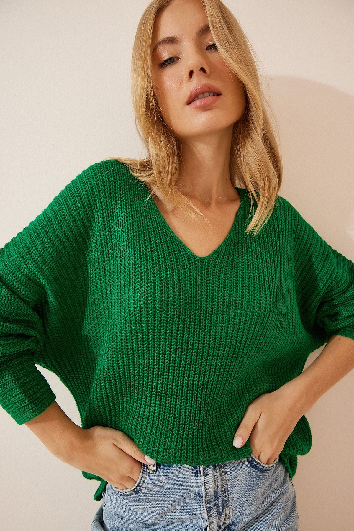 WOMEN'S GREEN V -YAKA SALIANIC KNITTING OVERSIZE knitwear sweater za00059