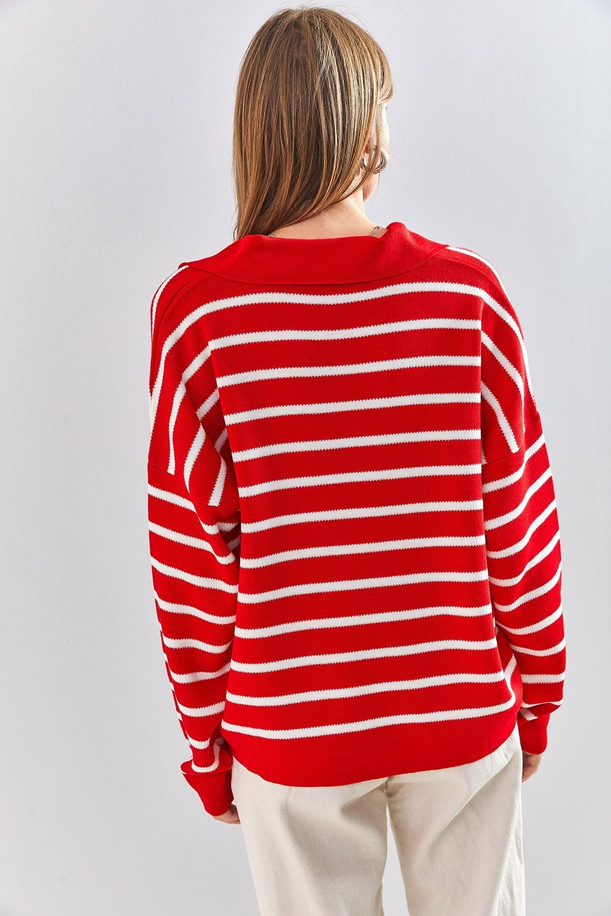 Woman Polo Yaka Striped Oversize Knitwear Sweater