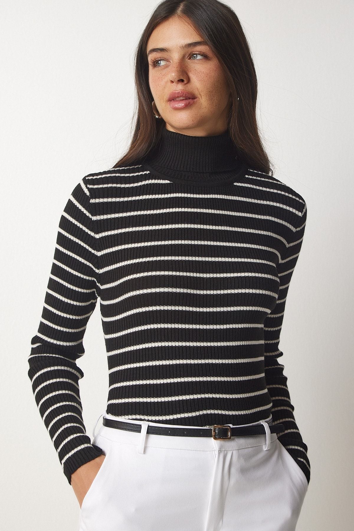 Female black striped fisherman collar knitwear sweater BP00146