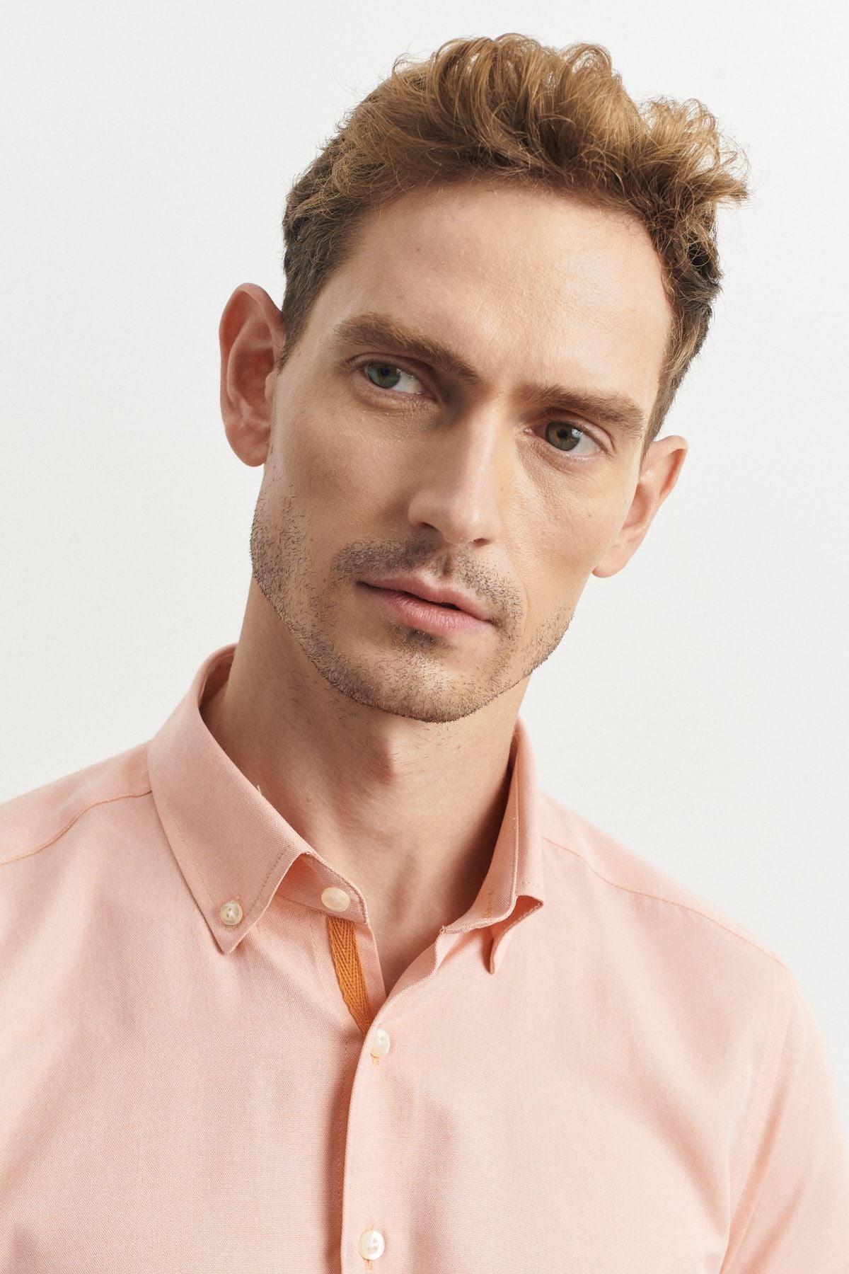Men's Orange Slim Fit Narrow Cut Cotton Hidden Buttoned Neck Long Sleeve Oxford Shirt