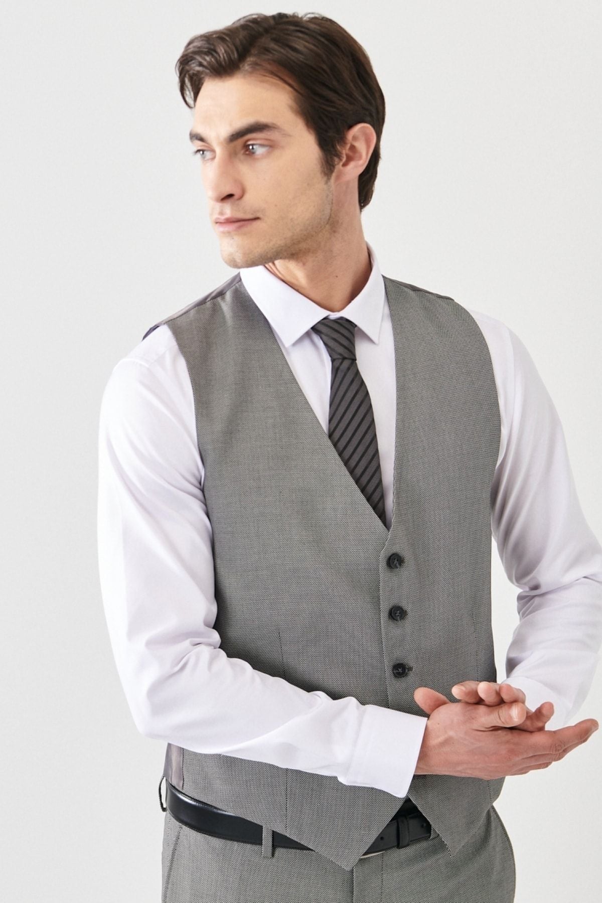 Men's gray-black slim fit narrow cutting mono collar patterned vest suit suits