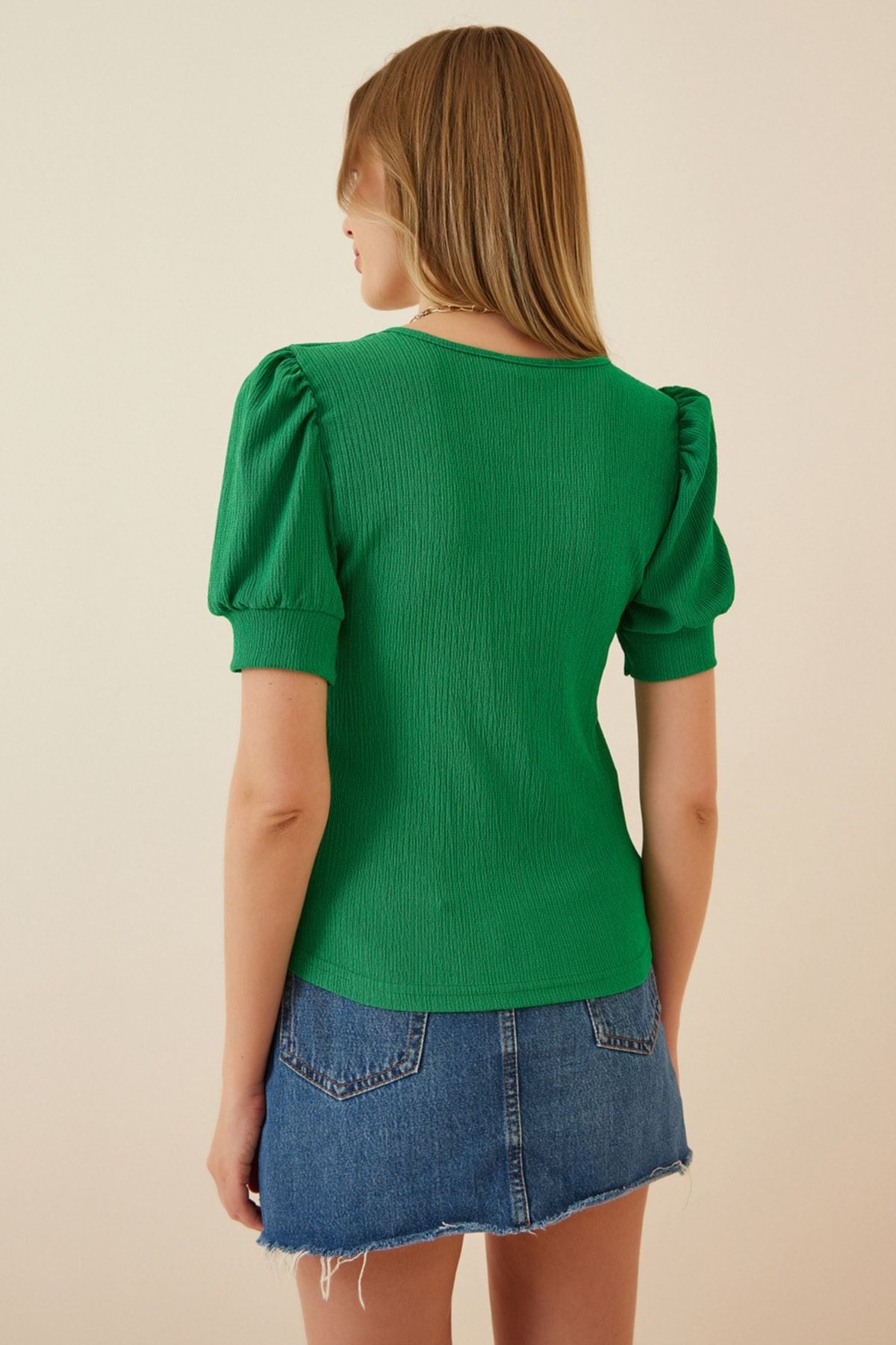 Female Green Square Balloon Sleeve Knitting Blouse DD01051