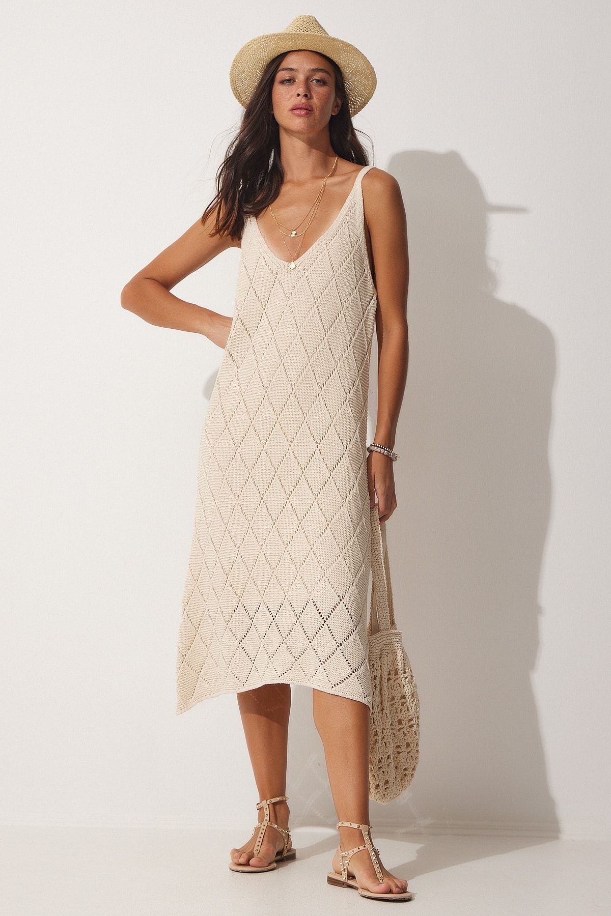 Women's Cream Hanger V -Yaka Outlet Summer Triko Dress NF00049