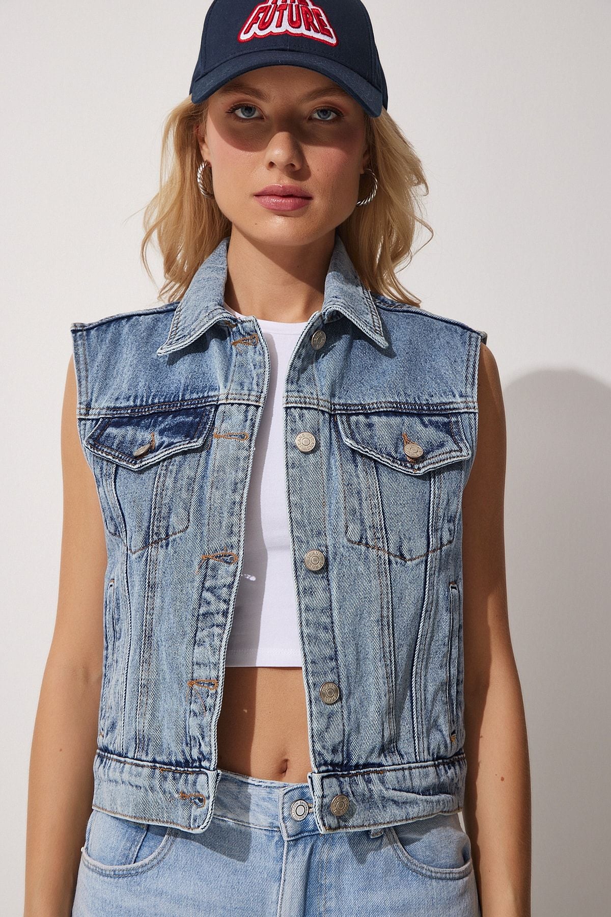 Women's Blue Pocket Detail Denim Vest RV00106