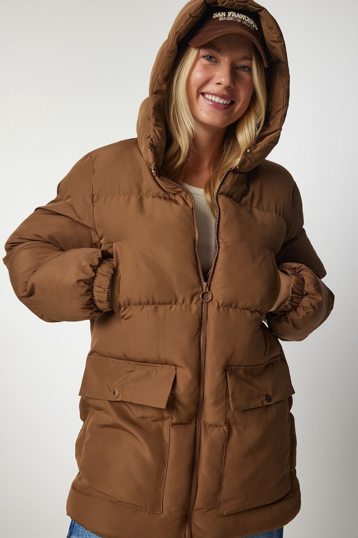 Female Caramel Hooded Inflatable Coat HK00023
