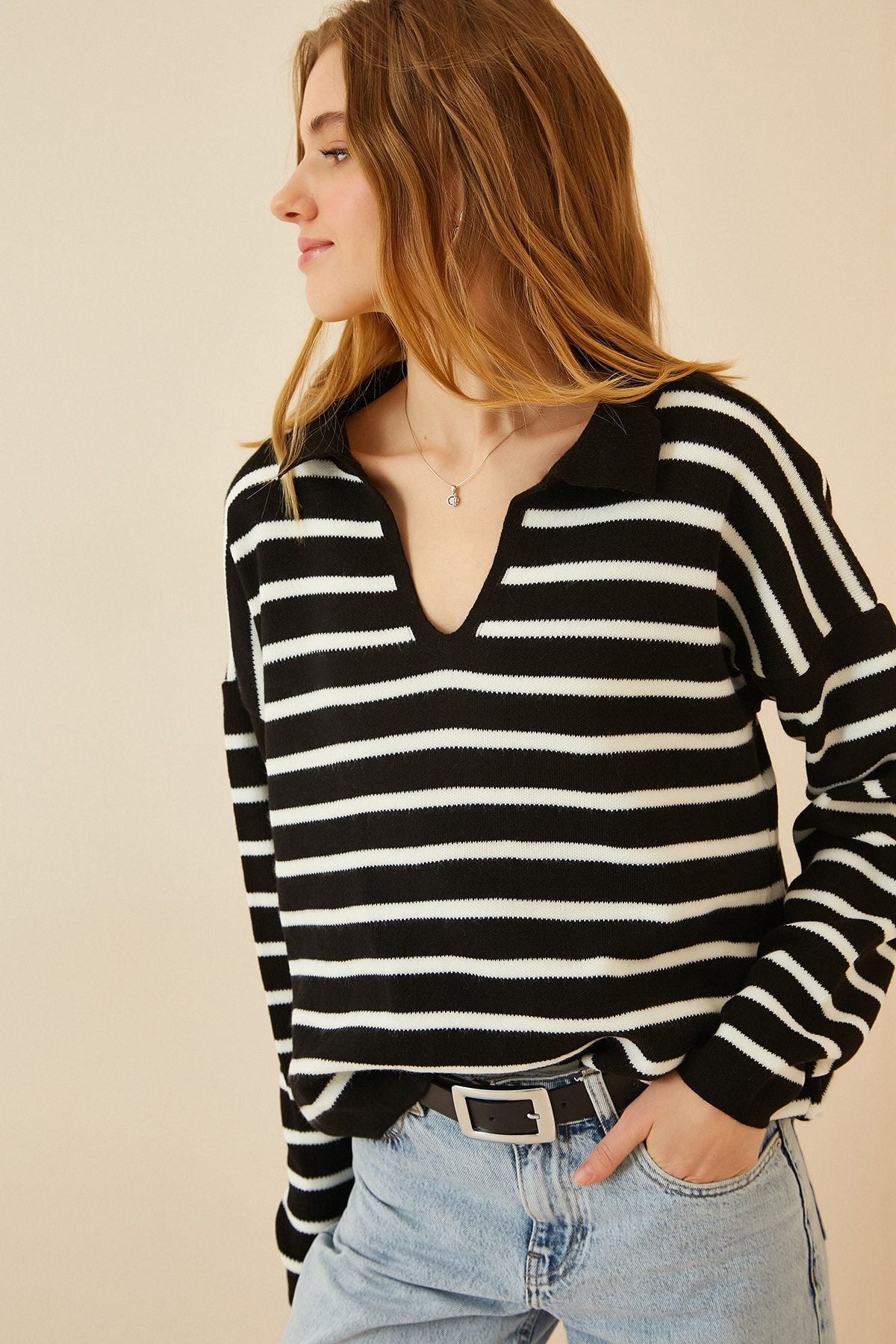 WOMEN'S LIVE BLACK Polo Yaka Crop Knitwear sweater US00293