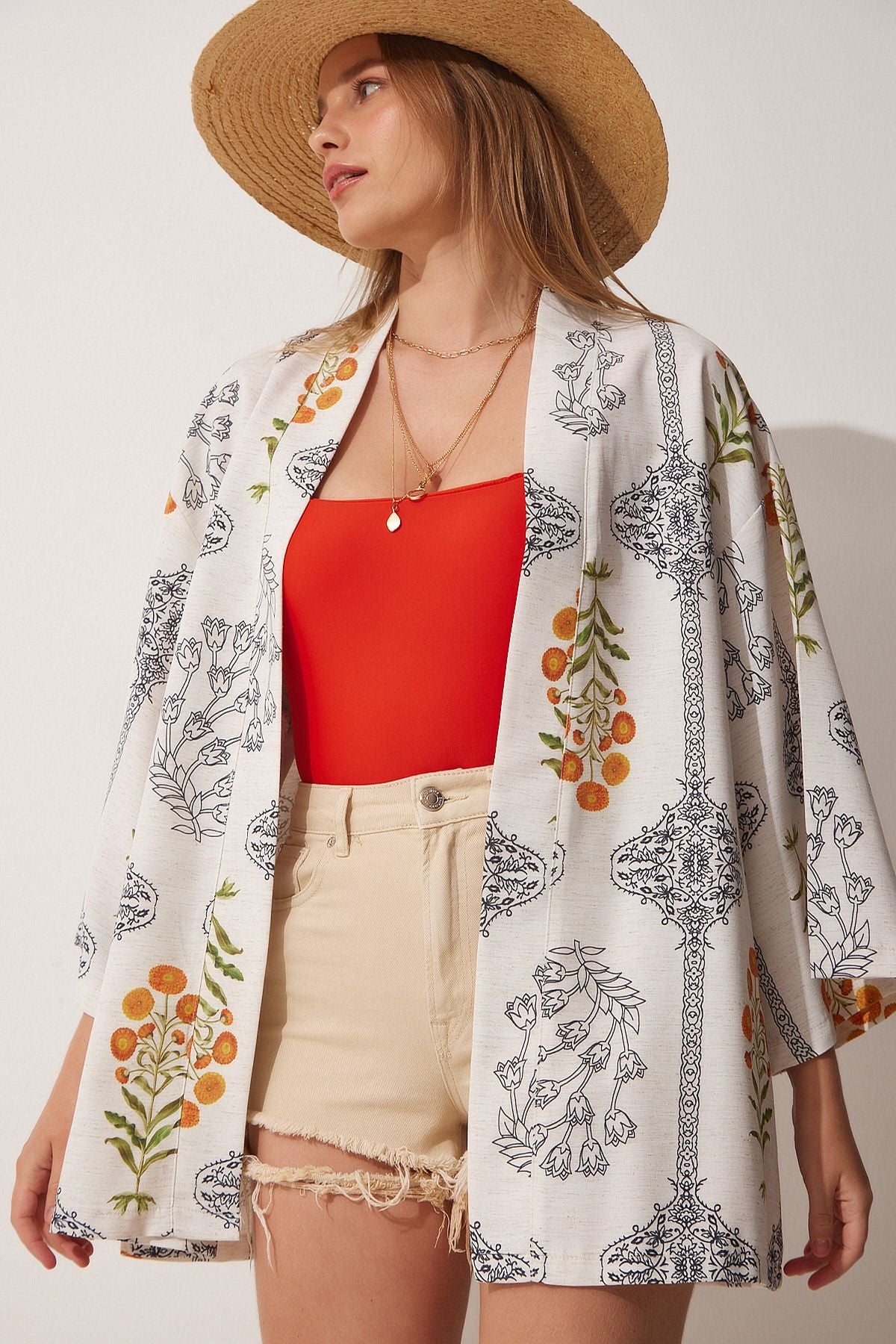 Female Ecru Patterned Linen Kimono MC00190