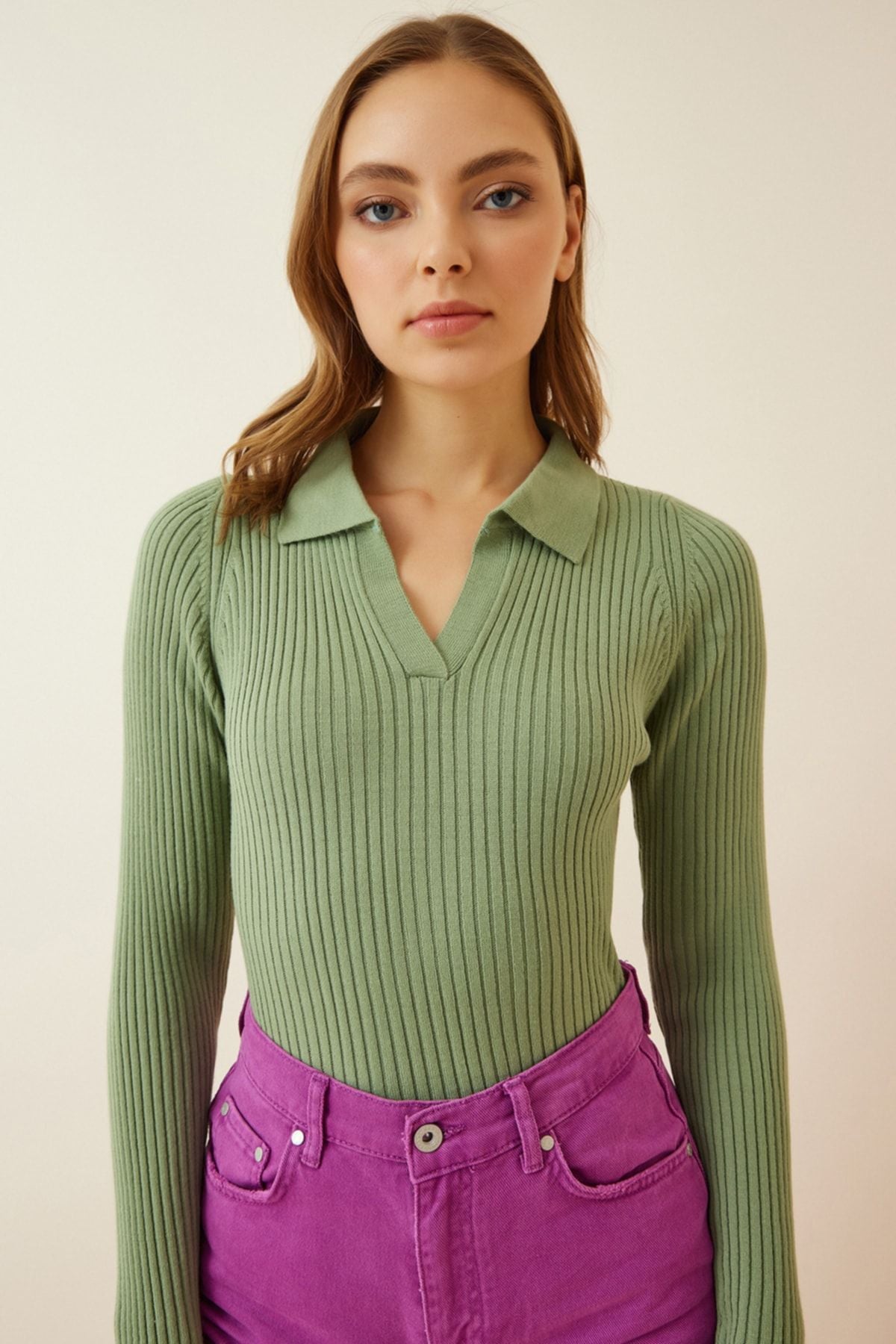 Women's Cagla Green Polo Yaka Various Crop Knitwear sweater VA00028