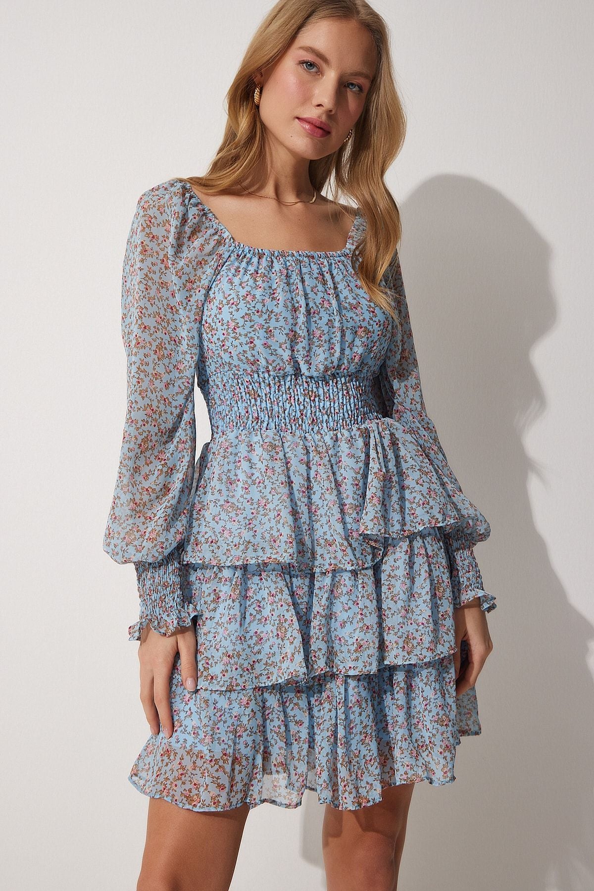 Woman Sky Blue Flower Carmen collar chiffon dress DK00146