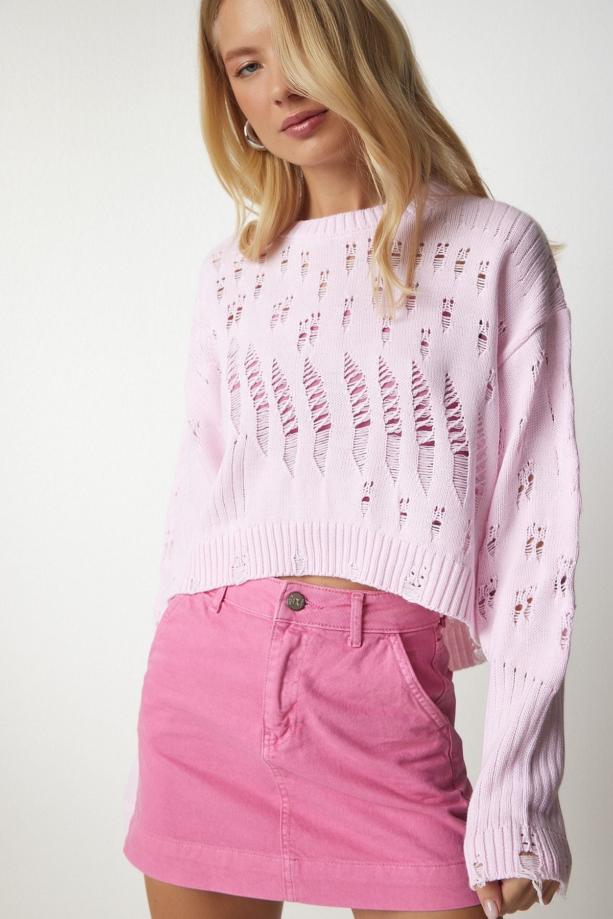 Woman Light Pink Torn Detailed Triko Sweater PF00005