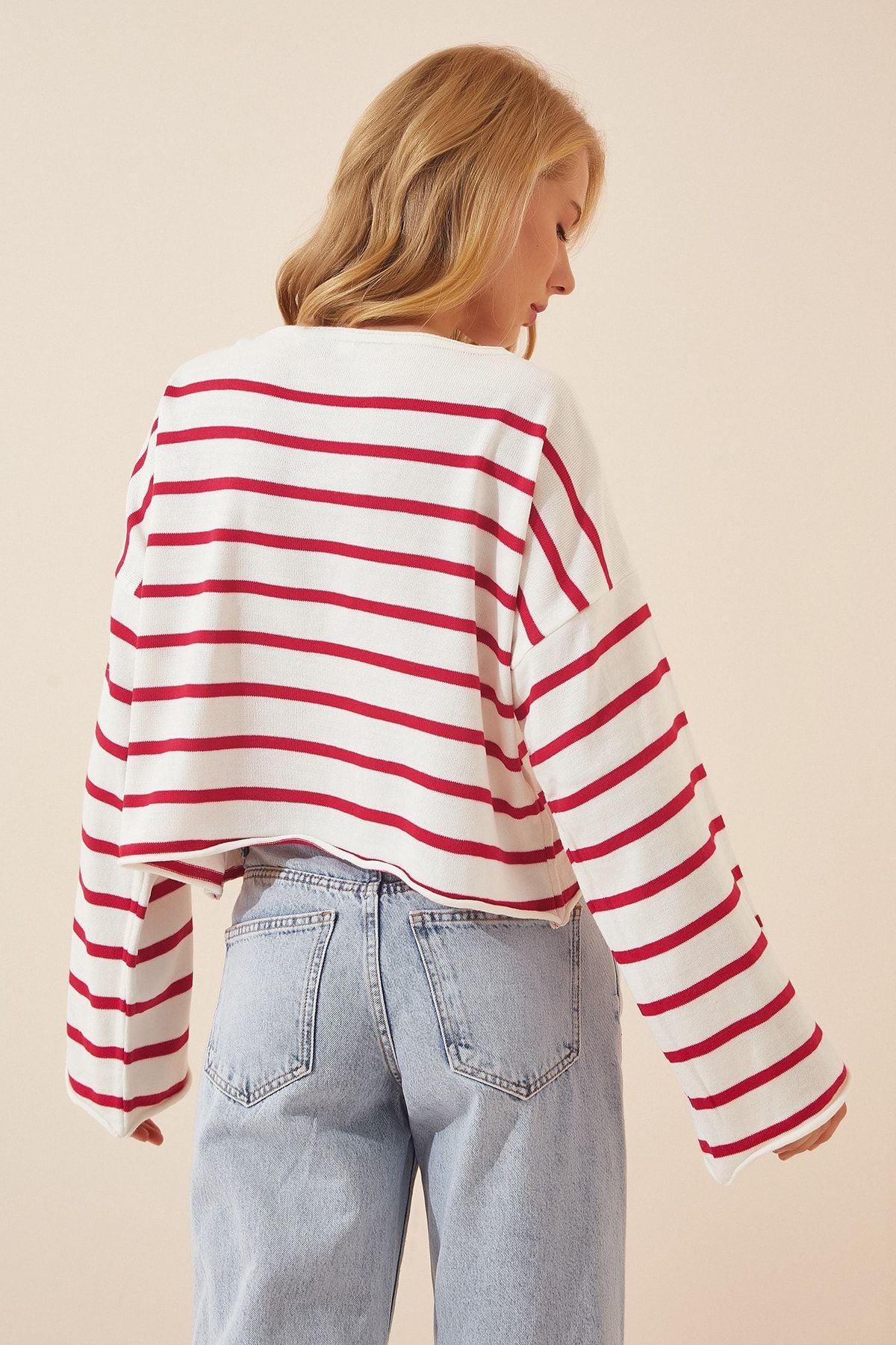 Woman Red White White Striped Oversiz Crop Knitwear sweater US00659