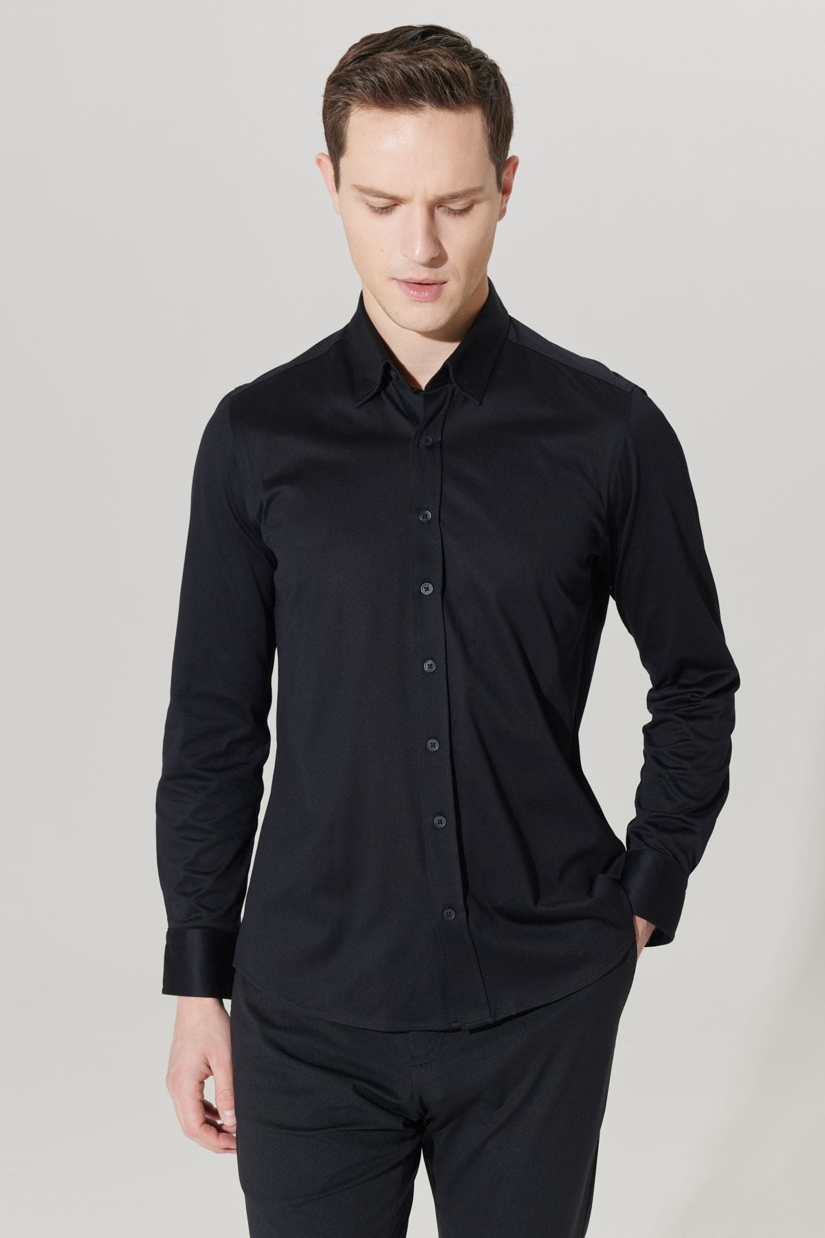 Men's Black Slim Fit Narrow Cut Hidden button collar 100 %cotton shirt