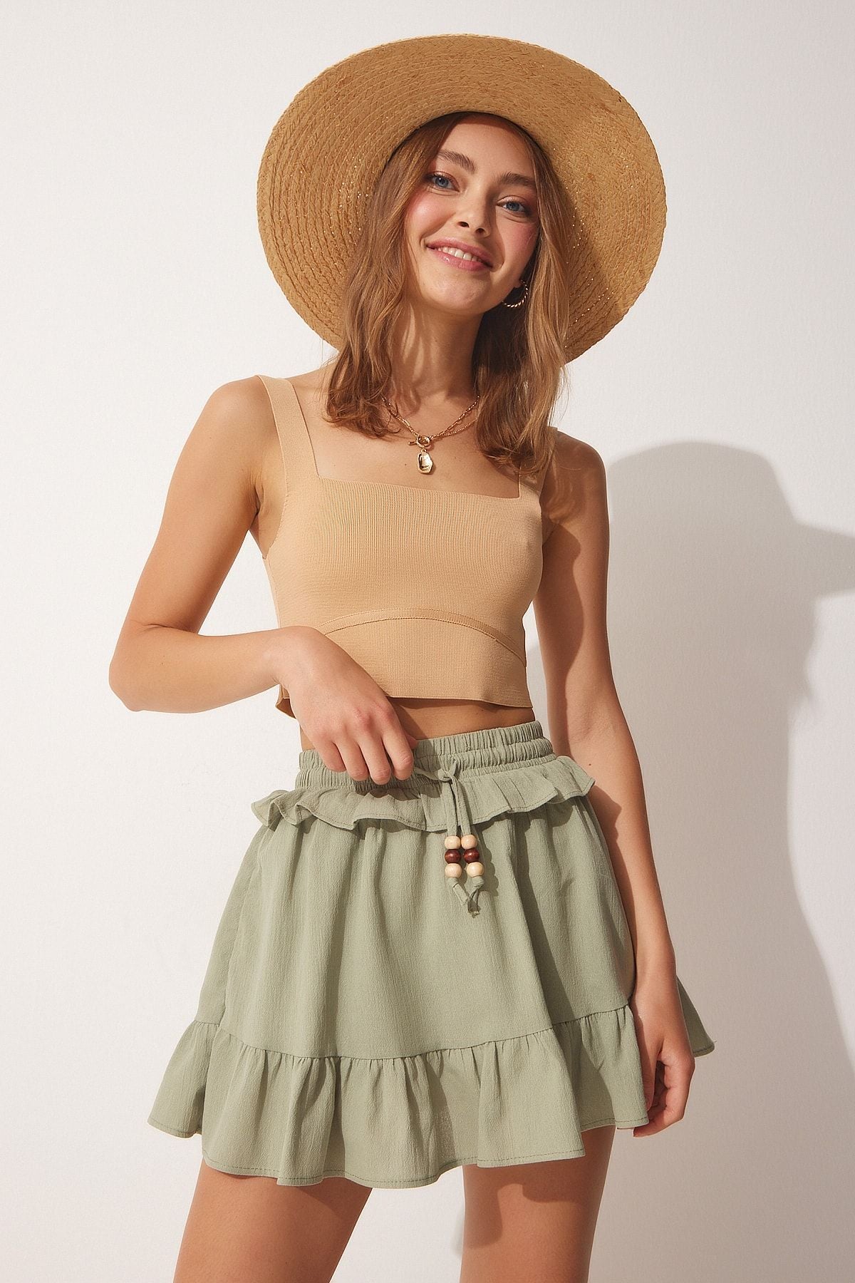 Female Khaki Ruffed Linen Short Skirt MC00196
