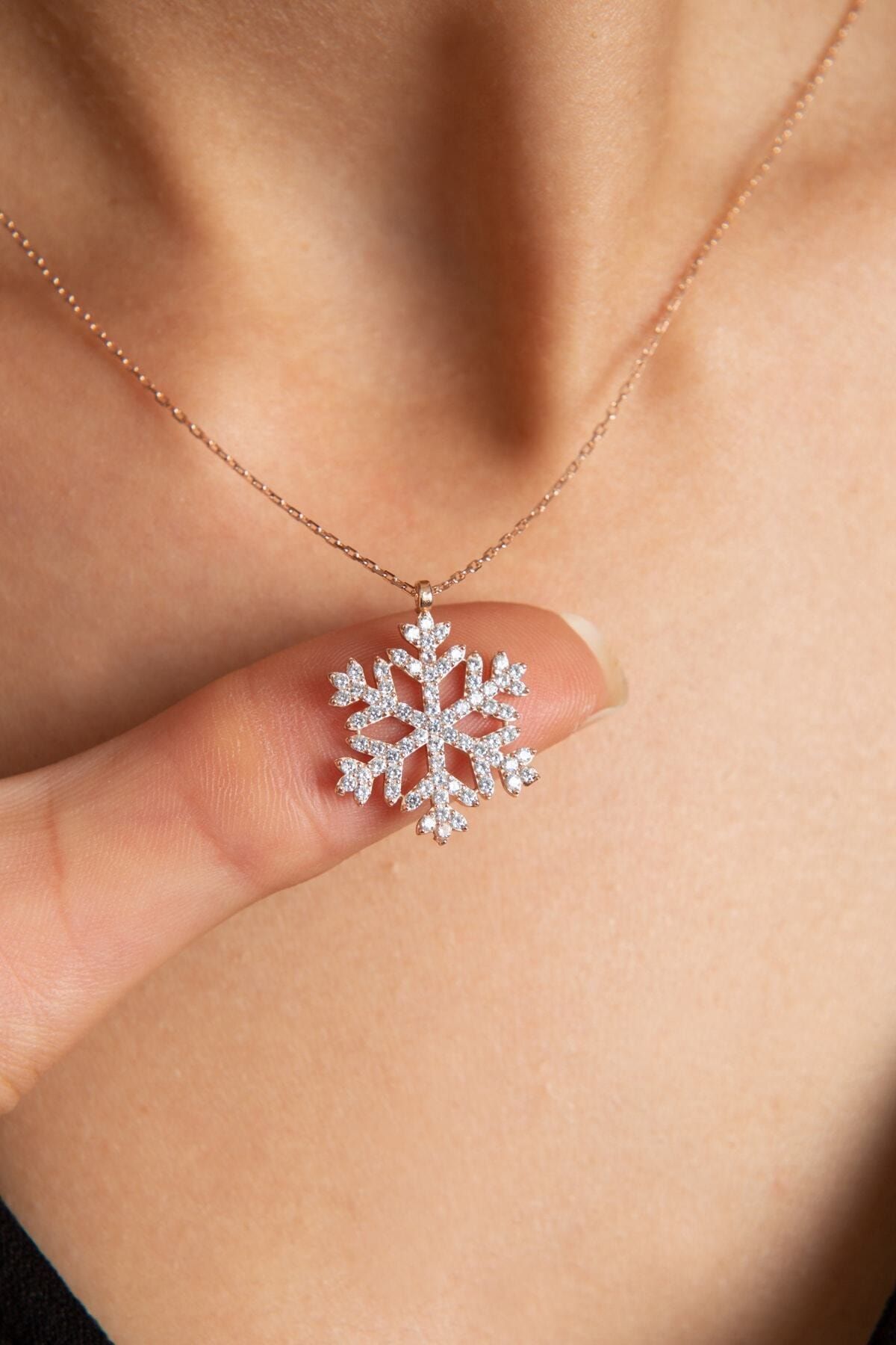 Snowflake White Stone 14 K Rose Gold Plated Women Necklace