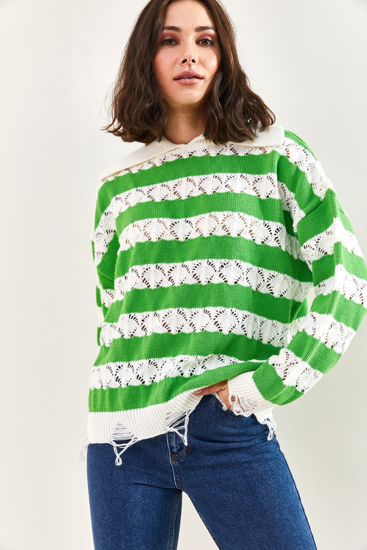 WOMEN'S Polo Yaka Torn Patterned Knitwear Sweater