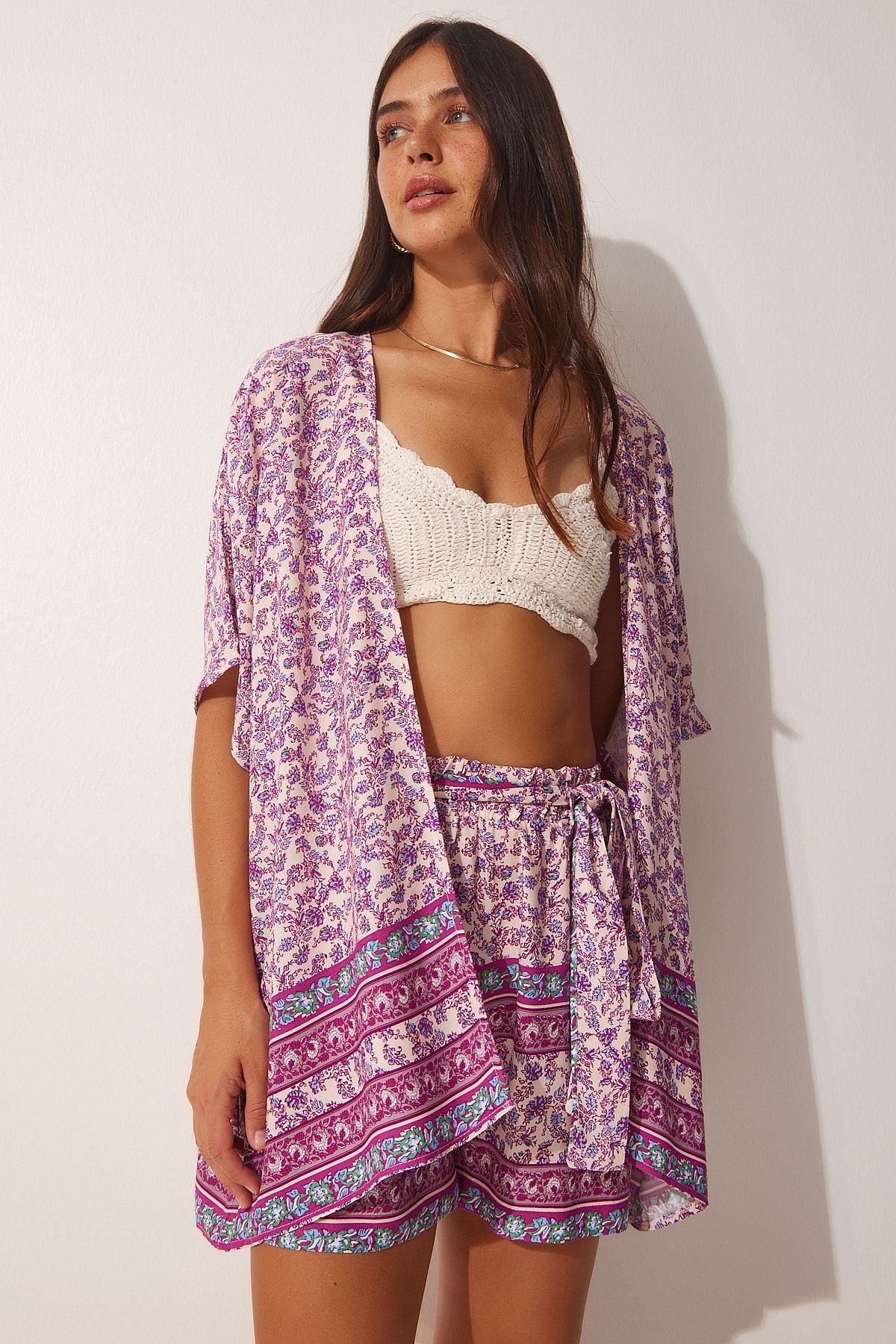 Female Pattern Patterned Viscose Kimono Short Set FN03067