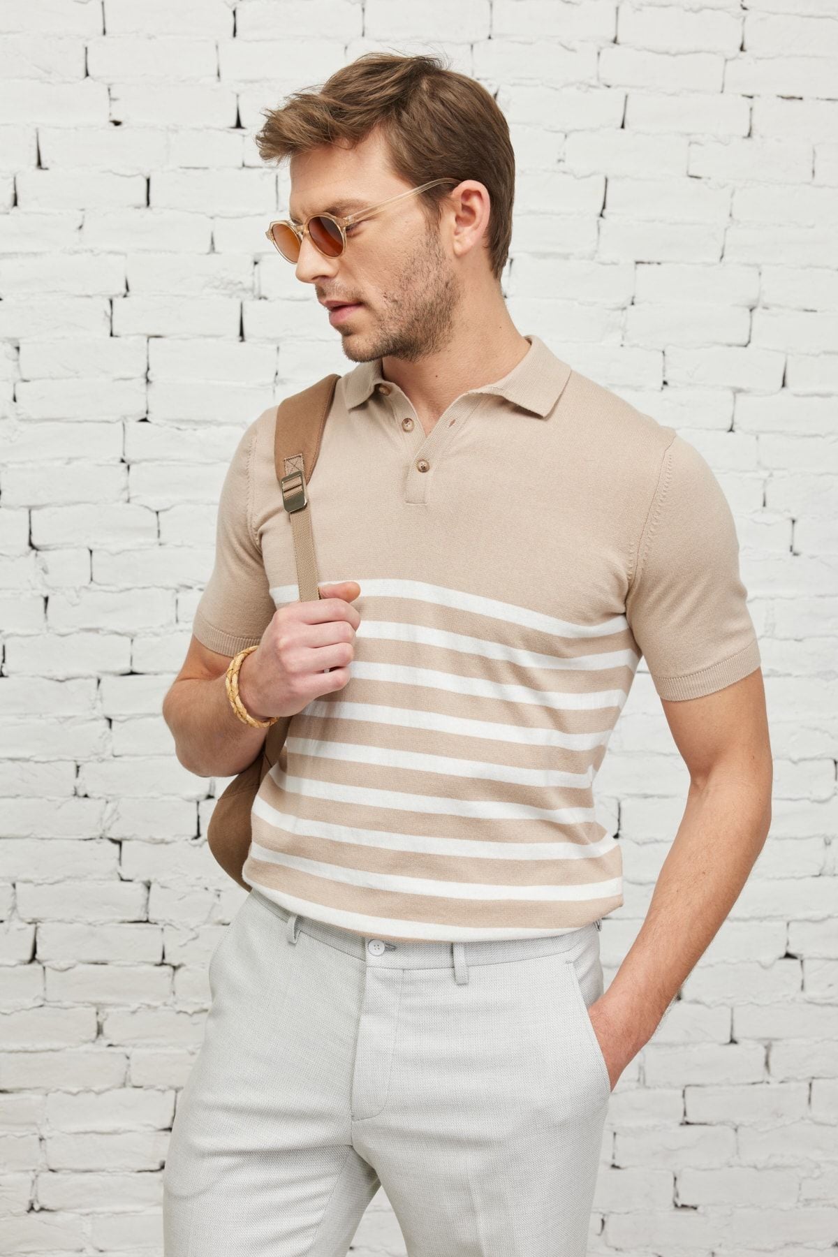 Men's Sizon-Ekru Standard Fit Normal Cut Polo Yaka 100 %Cotton Short Sleeve striped knitwear T-shirt