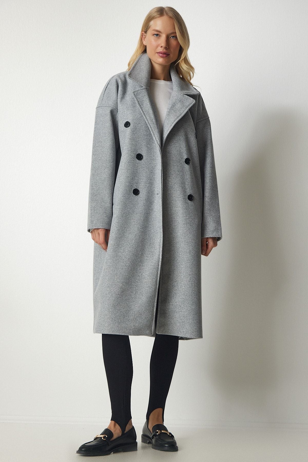 Woman Gray Cruiser Collar Oversize Stamp Coat Mx00138